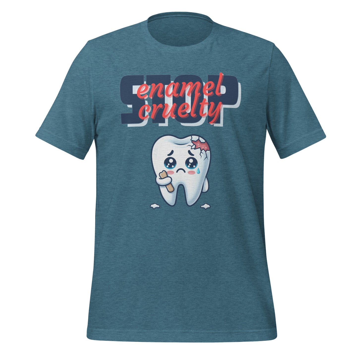 Adorable dental t-shirt with a sad crying cartoon tooth character with chipped enamel, ideal for dental hygienists or as a cute dental hygienist t-shirt gift. Heather deep teal color.