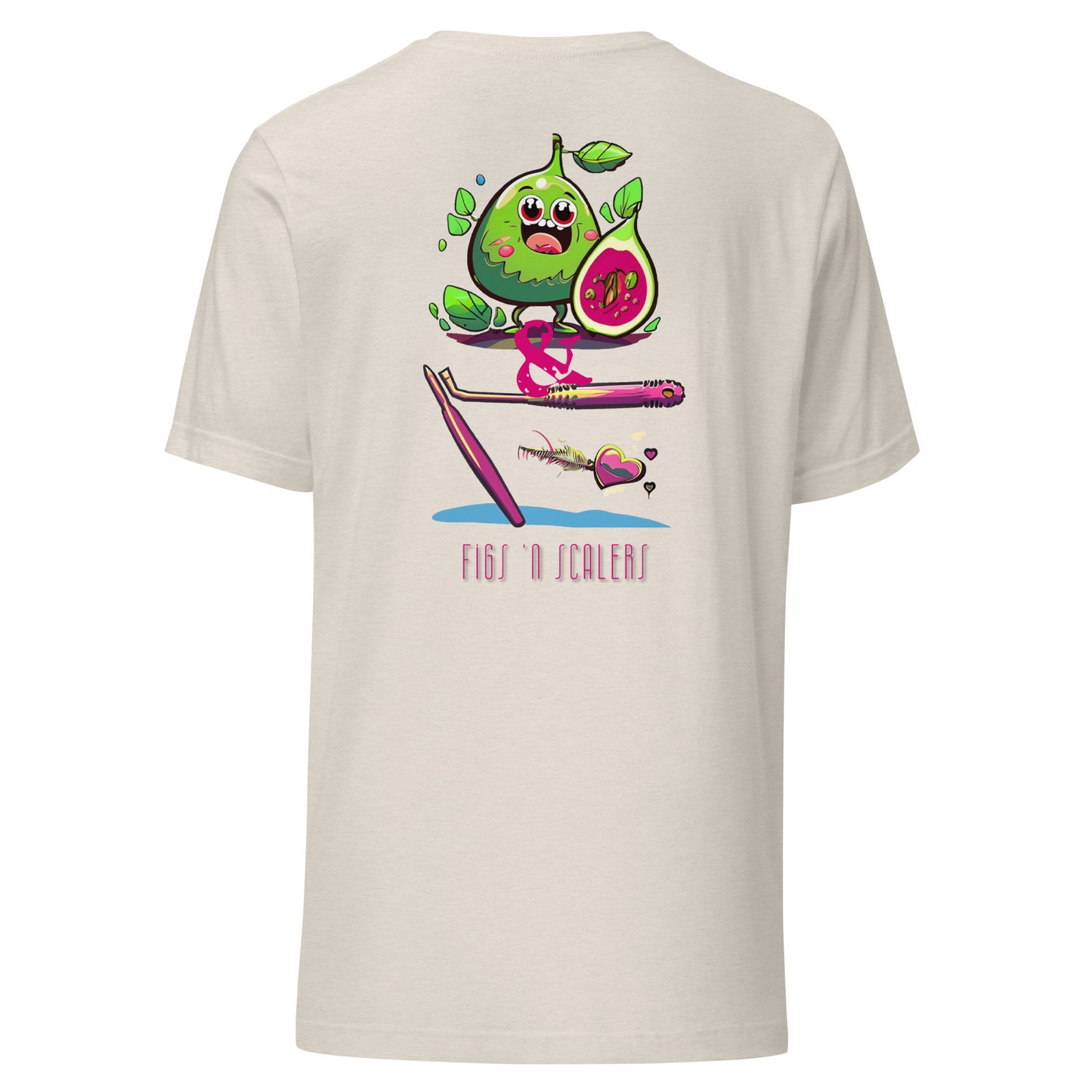 Adorable cartoon fig character with a dental scaler and a heart. Perfect for dental professionals who love Fig Scrubs, or for a cute and stylish dental t-shirt gift.Perfect dental swag for any dental professional. Heather dust color.
