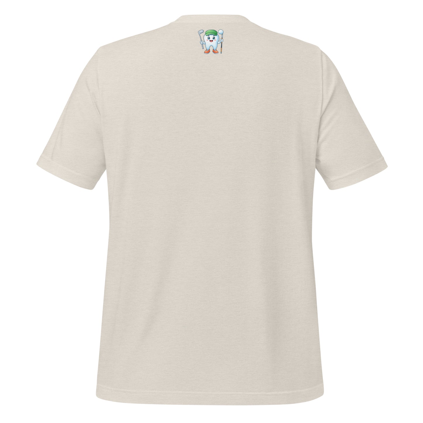 Cute dentist t-shirt showcasing an adorable tooth character in golf attire, joyfully celebrating a ‘hole in one’ achievement, perfect for dentist and dental professionals seeking unique and thematic dental apparel. Heather dust color, back view.