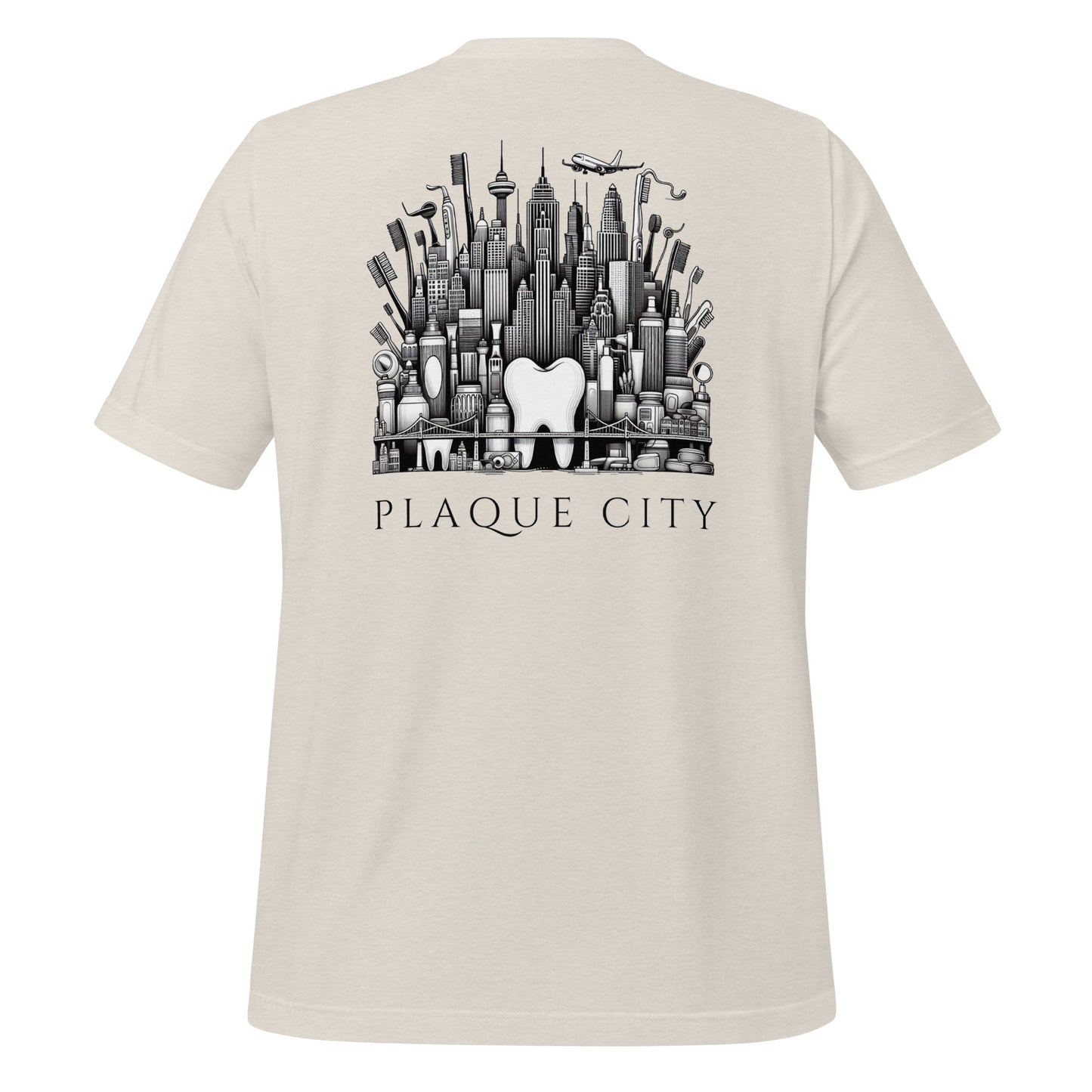 Cityscape illustration made of dental hygiene products, including toothpaste tubes, toothbrushes, and floss containers. Perfect for a dentist or dental hygienist gift, or a unique dental-themed t-shirt design. Heather dust color.