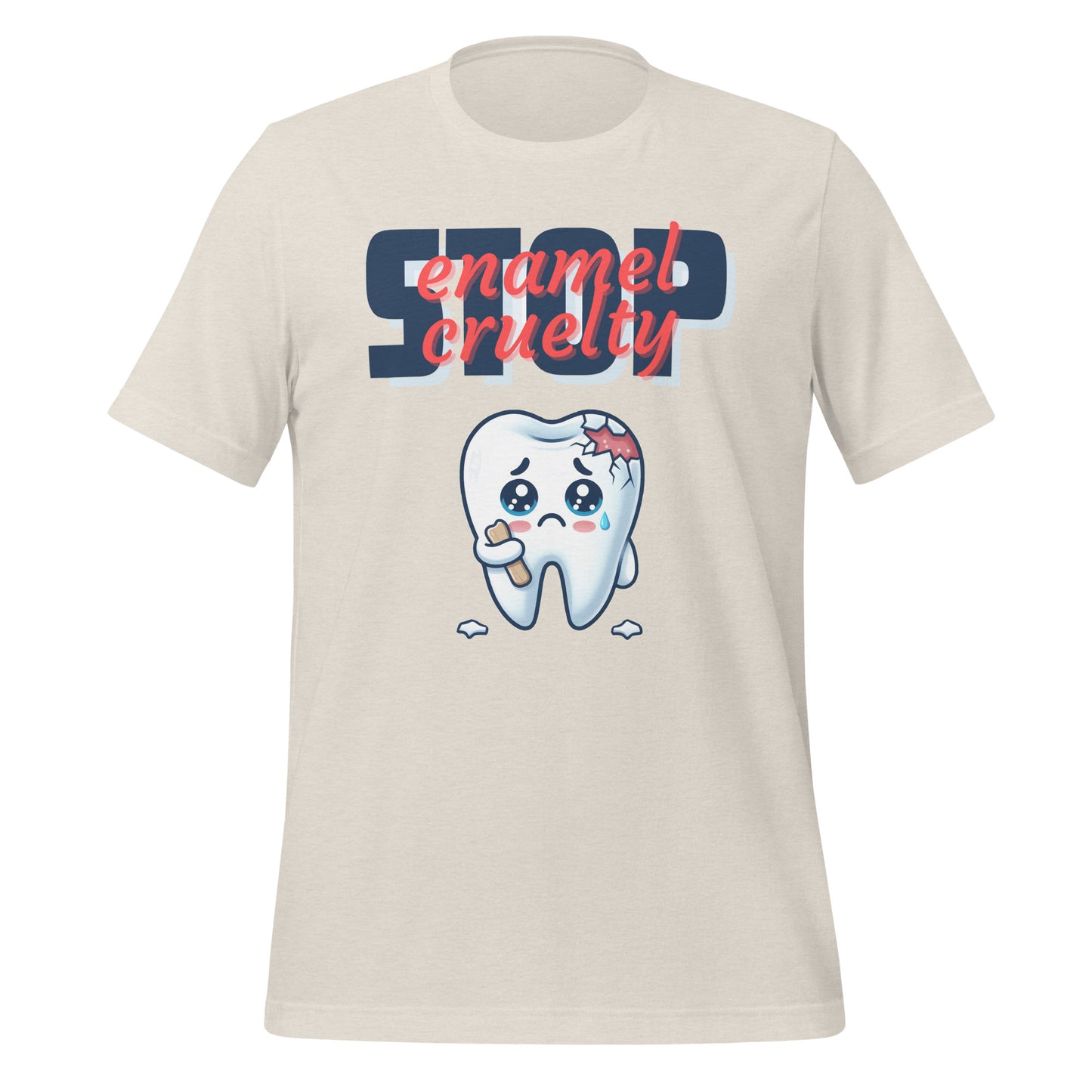 Adorable dental t-shirt with a sad crying cartoon tooth character with chipped enamel, ideal for dental hygienists or as a cute dental hygienist t-shirt gift. Heather dust color.