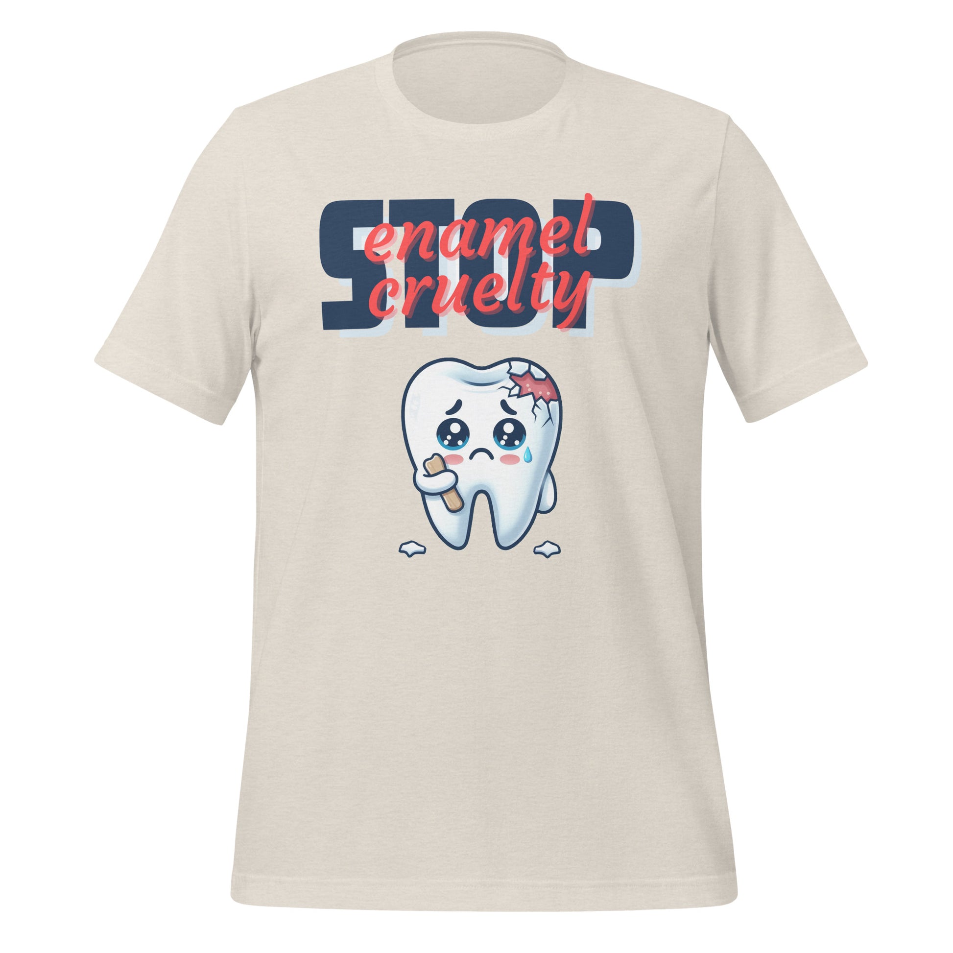 Adorable dental t-shirt with a sad crying cartoon tooth character with chipped enamel, ideal for dental hygienists or as a cute dental hygienist t-shirt gift. Heather dust color.