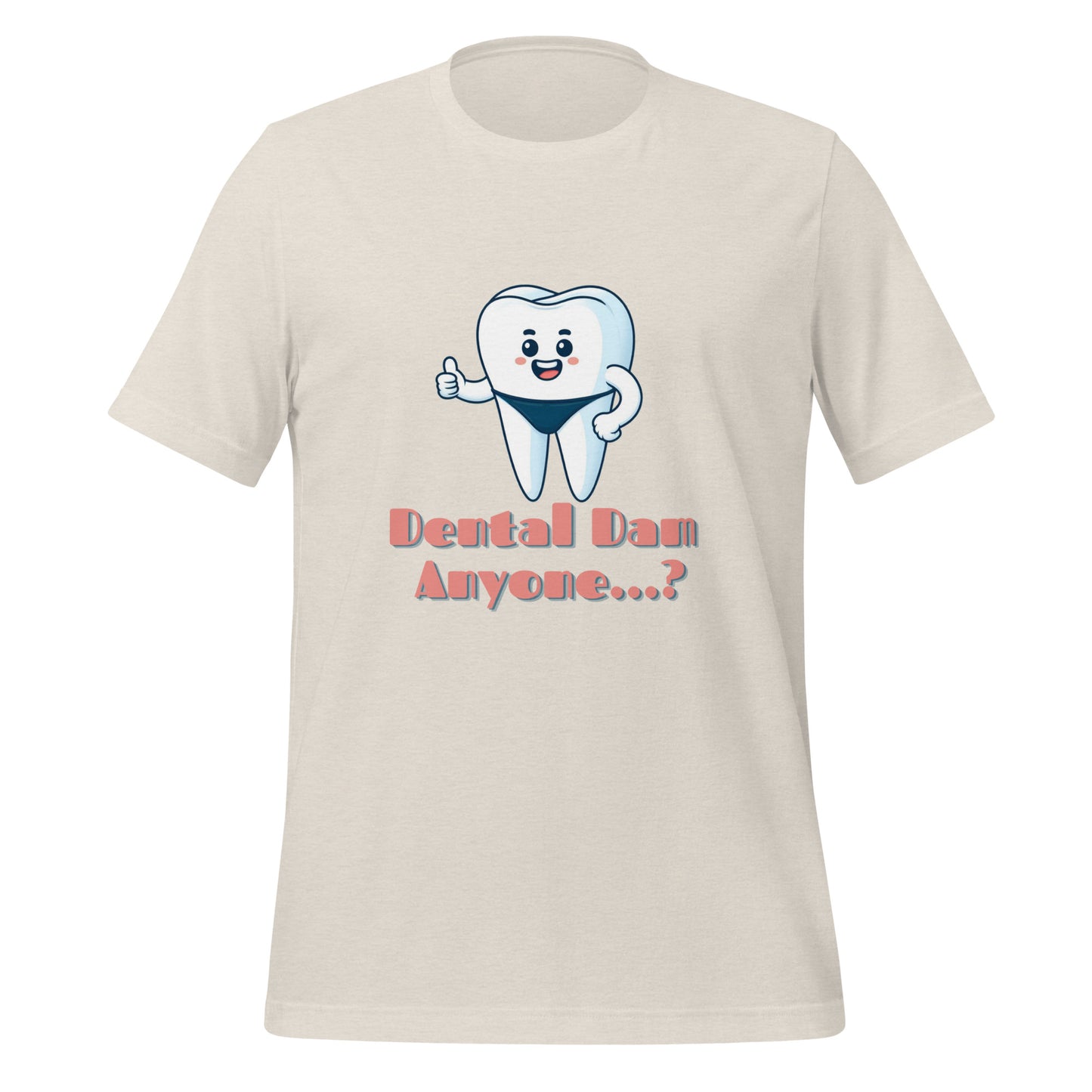 Funny dental shirt featuring a playful tooth character in a speedo with the text ‘Dental Dam Anyone?’, perfect for dentists, dental hygienists, and dental students who enjoy dental humor. This dental shirt is a unique addition to any dental professional’s wardrobe, making it an ideal dental office shirt. Don’t miss out on our dental assistant shirts and dental hygiene shirts. Heather dust color.