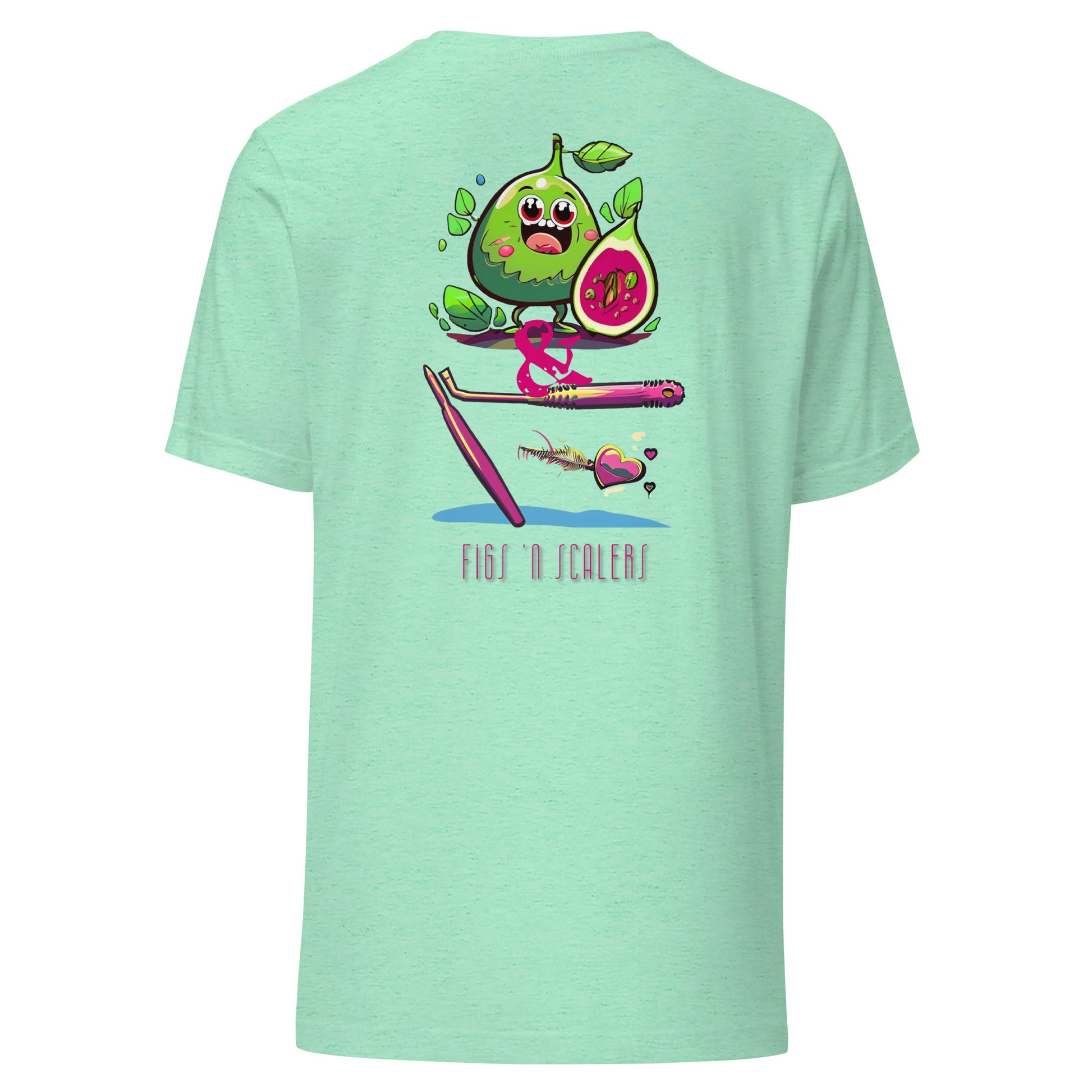 Adorable cartoon fig character with a dental scaler and a heart. Perfect for dental professionals who love Fig Scrubs, or for a cute and stylish dental t-shirt gift.Perfect dental swag for any dental professional. Heather mint color.
