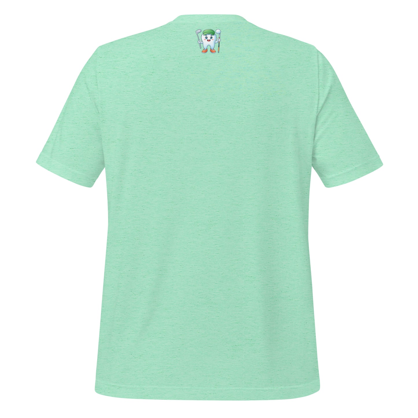 Cute dentist t-shirt showcasing an adorable tooth character in golf attire, joyfully celebrating a ‘hole in one’ achievement, perfect for dentist and dental professionals seeking unique and thematic dental apparel. Heather mint color, back view.