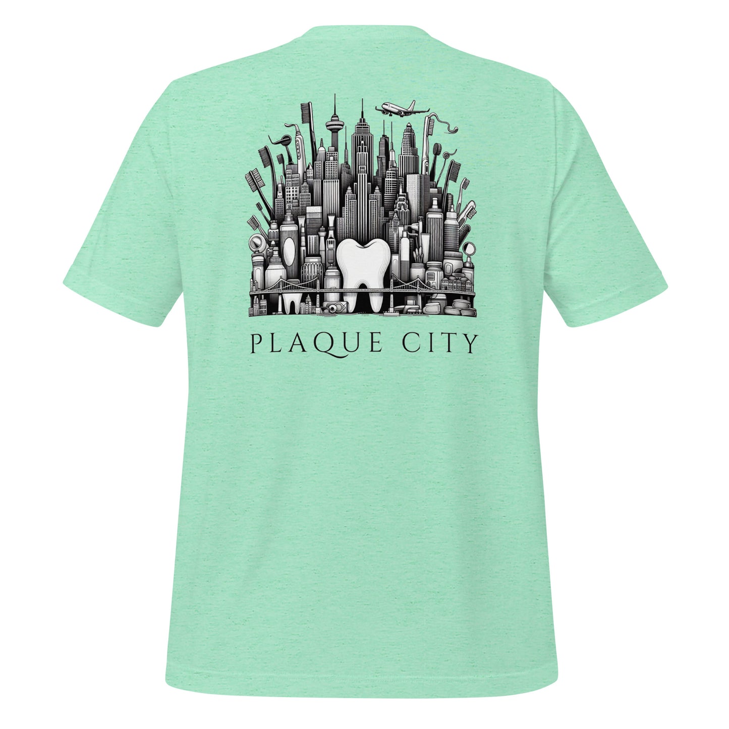 Cityscape illustration made of dental hygiene products, including toothpaste tubes, toothbrushes, and floss containers. Perfect for a dentist or dental hygienist gift, or a unique dental-themed t-shirt design. Heather mint color.