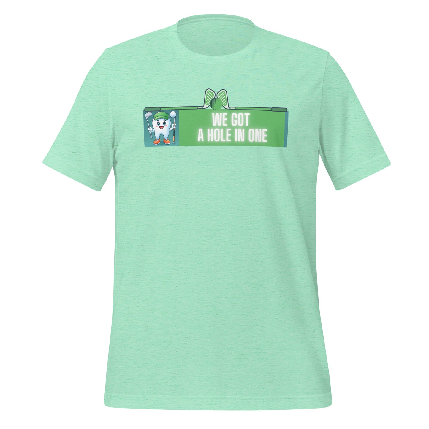 Cute dentist t-shirt showcasing an adorable tooth character in golf attire, joyfully celebrating a ‘hole in one’ achievement, perfect for dentist and dental professionals seeking unique and thematic dental apparel. Heather mint color, front view.