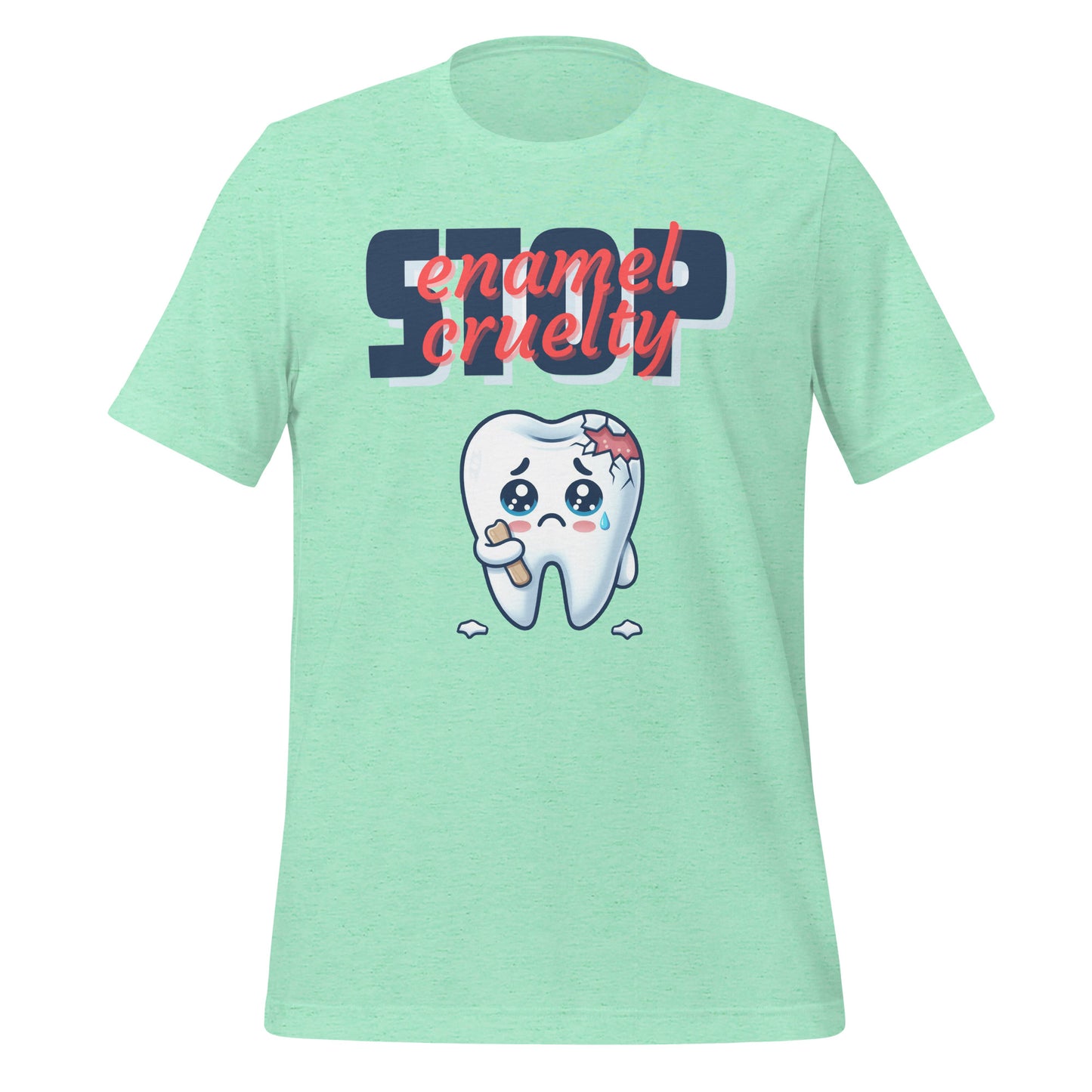Adorable dental t-shirt with a sad crying cartoon tooth character with chipped enamel, ideal for dental hygienists or as a cute dental hygienist t-shirt gift. Heather mint color.