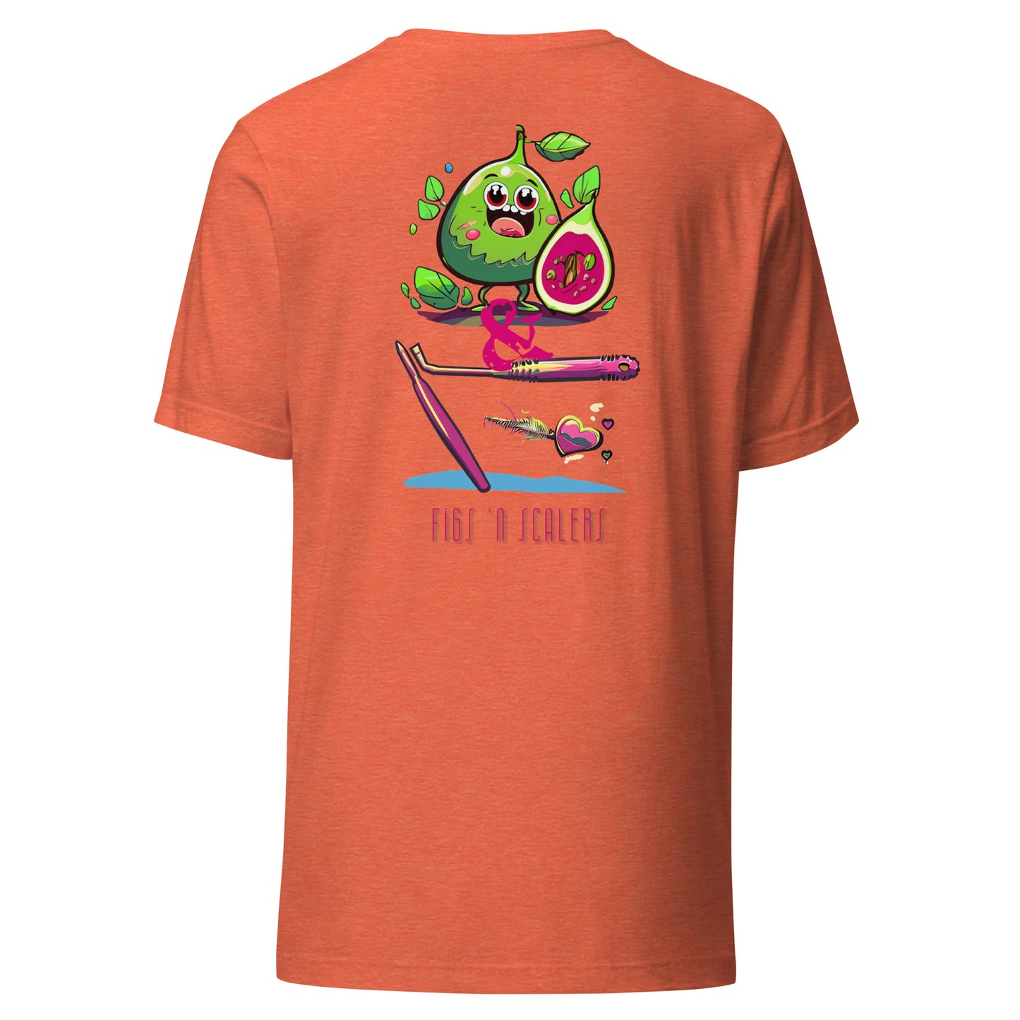 Adorable cartoon fig character with a dental scaler and a heart. Perfect for dental professionals who love Fig Scrubs, or for a cute and stylish dental t-shirt gift.Perfect dental swag for any dental professional. Heather orange color.