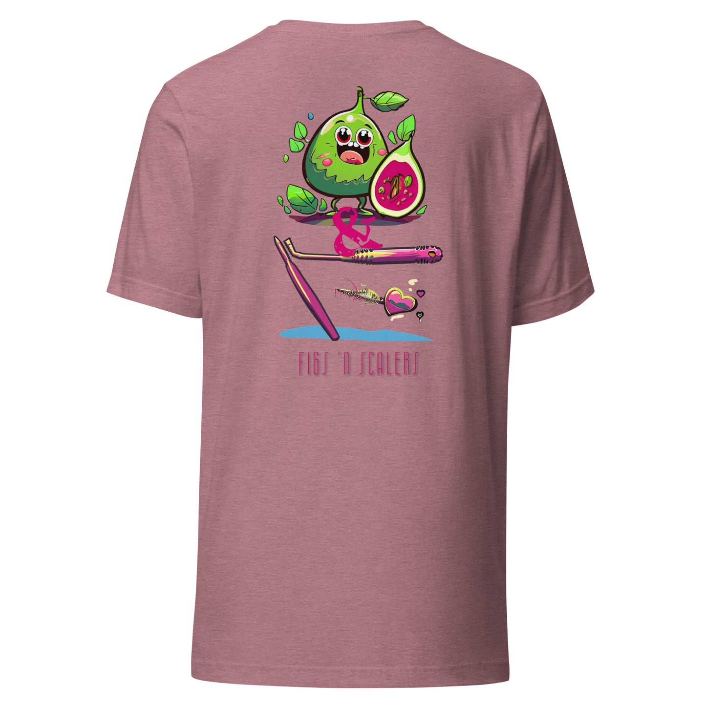 Adorable cartoon fig character with a dental scaler and a heart. Perfect for dental professionals who love Fig Scrubs, or for a cute and stylish dental t-shirt gift.Perfect dental swag for any dental professional. Heather orchid color.