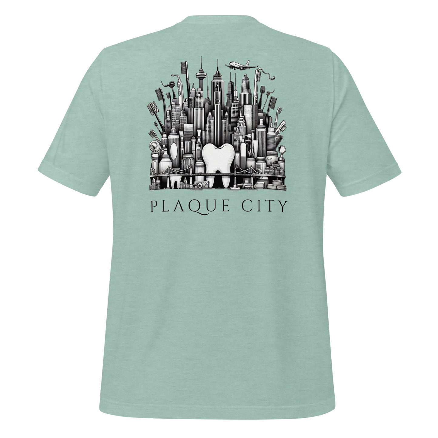 Cityscape illustration made of dental hygiene products, including toothpaste tubes, toothbrushes, and floss containers. Perfect for a dentist or dental hygienist gift, or a unique dental-themed t-shirt design. Heather prism dusty blue color.