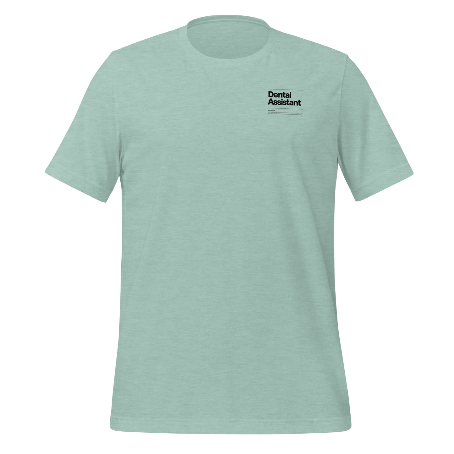 Heather prism dental assistant shirt featuring a creative label design with icons and text, perfect for dental assistants who want to express their identity and passion for their job - dental shirts front view.
