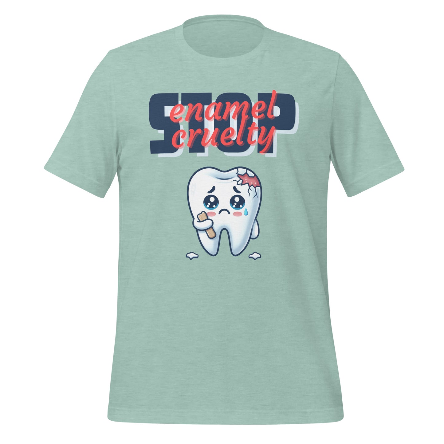 Adorable dental t-shirt with a sad crying cartoon tooth character with chipped enamel, ideal for dental hygienists or as a cute dental hygienist t-shirt gift. heather prism dusty blue color.