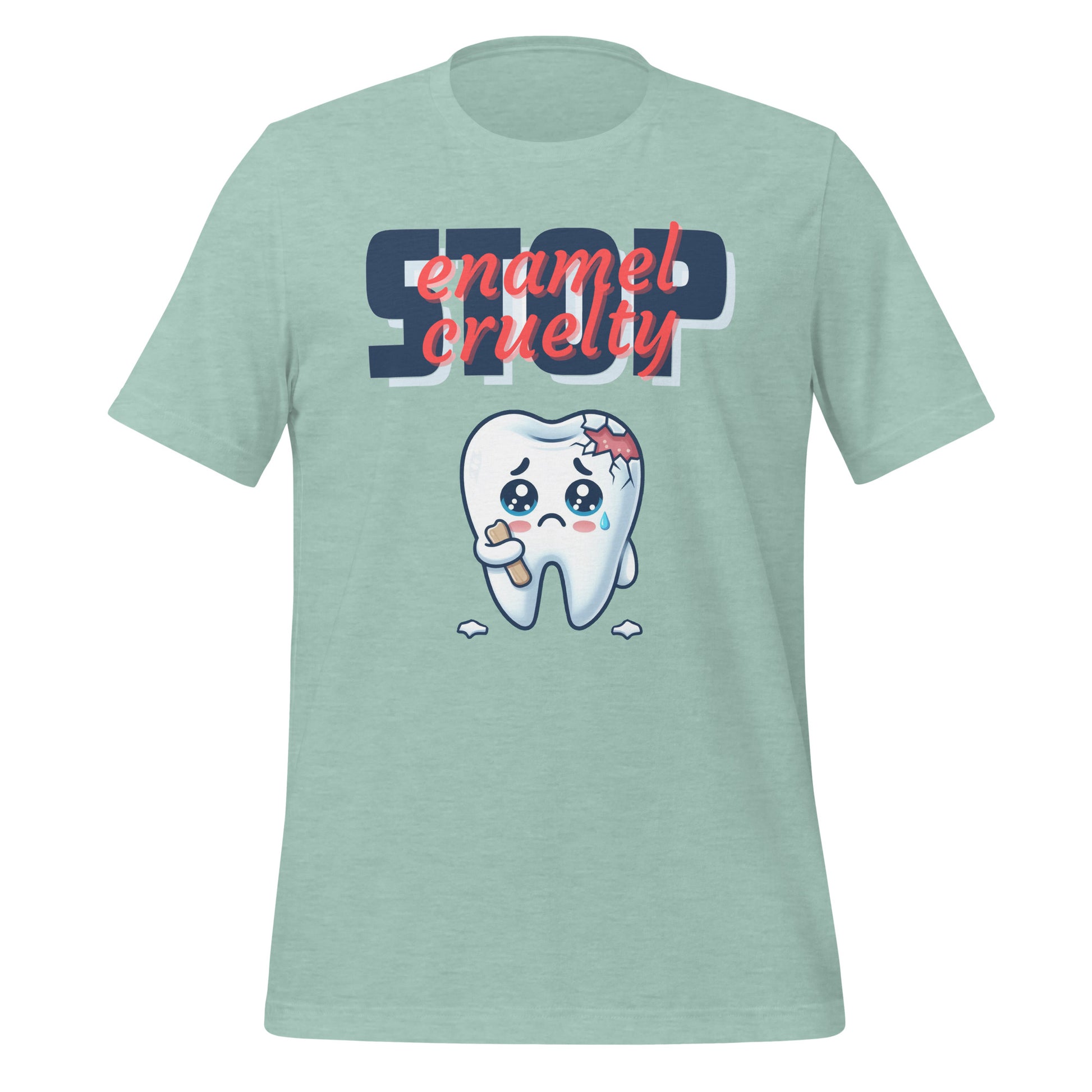 Adorable dental t-shirt with a sad crying cartoon tooth character with chipped enamel, ideal for dental hygienists or as a cute dental hygienist t-shirt gift. heather prism dusty blue color.