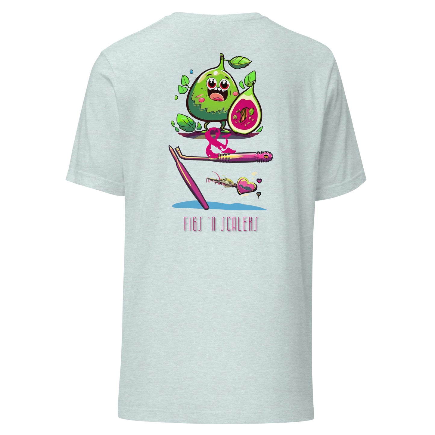 Adorable cartoon fig character with a dental scaler and a heart. Perfect for dental professionals who love Fig Scrubs, or for a cute and stylish dental t-shirt gift.Perfect dental swag for any dental professional. Heather prism ice blue color.