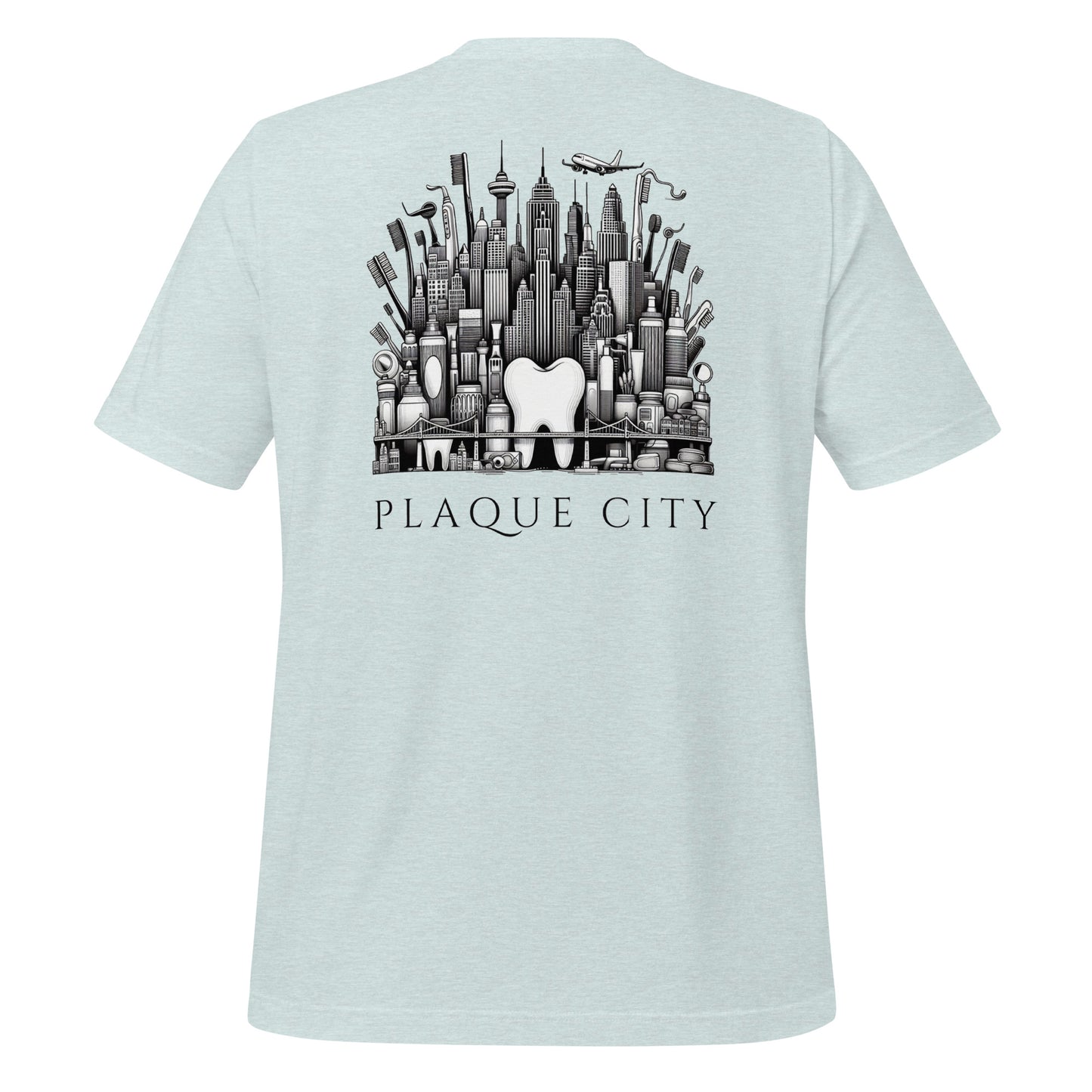 Cityscape illustration made of dental hygiene products, including toothpaste tubes, toothbrushes, and floss containers. Perfect for a dentist or dental hygienist gift, or a unique dental-themed t-shirt design. Heather prism ice blue color.