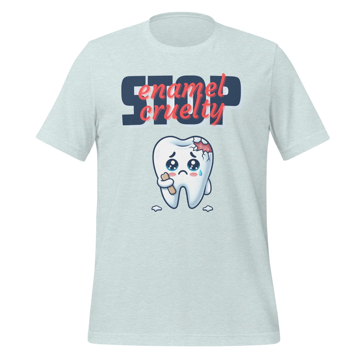 Adorable dental t-shirt with a sad crying cartoon tooth character with chipped enamel, ideal for dental hygienists or as a cute dental hygienist t-shirt gift. Heather prism ice blue color.