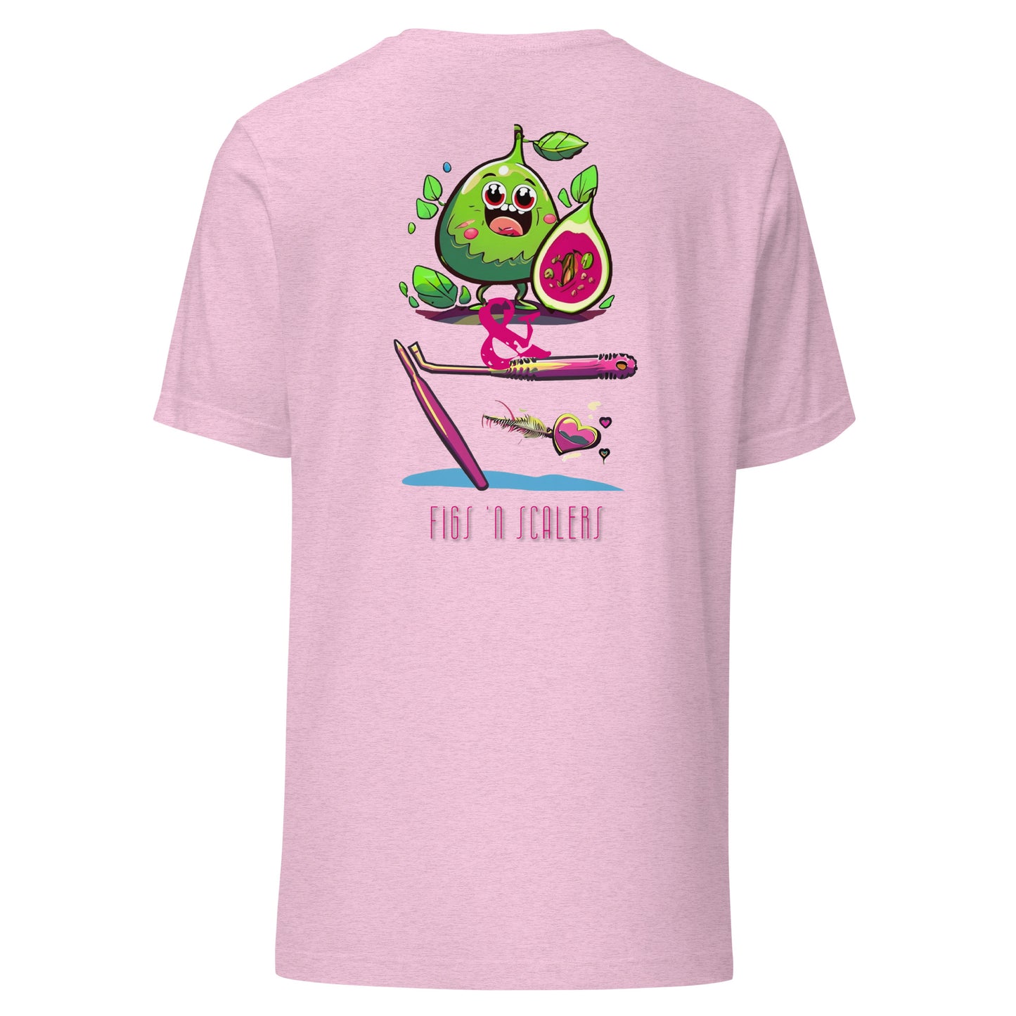Adorable cartoon fig character with a dental scaler and a heart. Perfect for dental professionals who love Fig Scrubs, or for a cute and stylish dental t-shirt gift.Perfect dental swag for any dental professional. Heather prism lilac color.