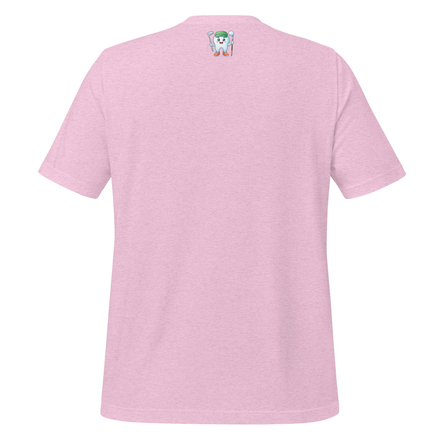 Cute dentist t-shirt showcasing an adorable tooth character in golf attire, joyfully celebrating a ‘hole in one’ achievement, perfect for dentist and dental professionals seeking unique and thematic dental apparel. Heather prism lilac color, back view.