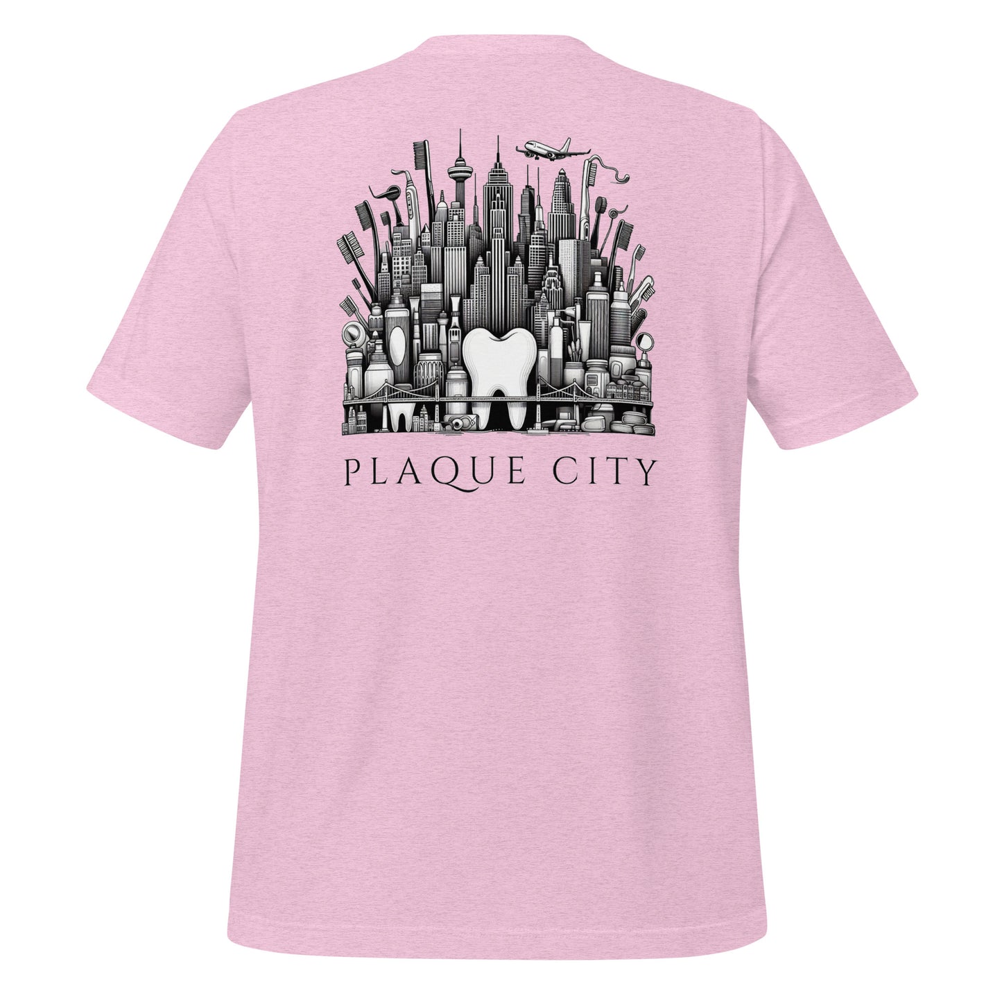 Cityscape illustration made of dental hygiene products, including toothpaste tubes, toothbrushes, and floss containers. Perfect for a dentist or dental hygienist gift, or a unique dental-themed t-shirt design. Heather prism lilac color.