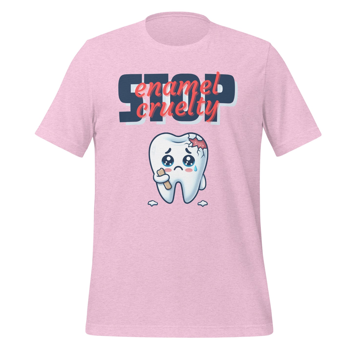 Adorable dental t-shirt with a sad crying cartoon tooth character with chipped enamel, ideal for dental hygienists or as a cute dental hygienist t-shirt gift. Heather prism lilac color.