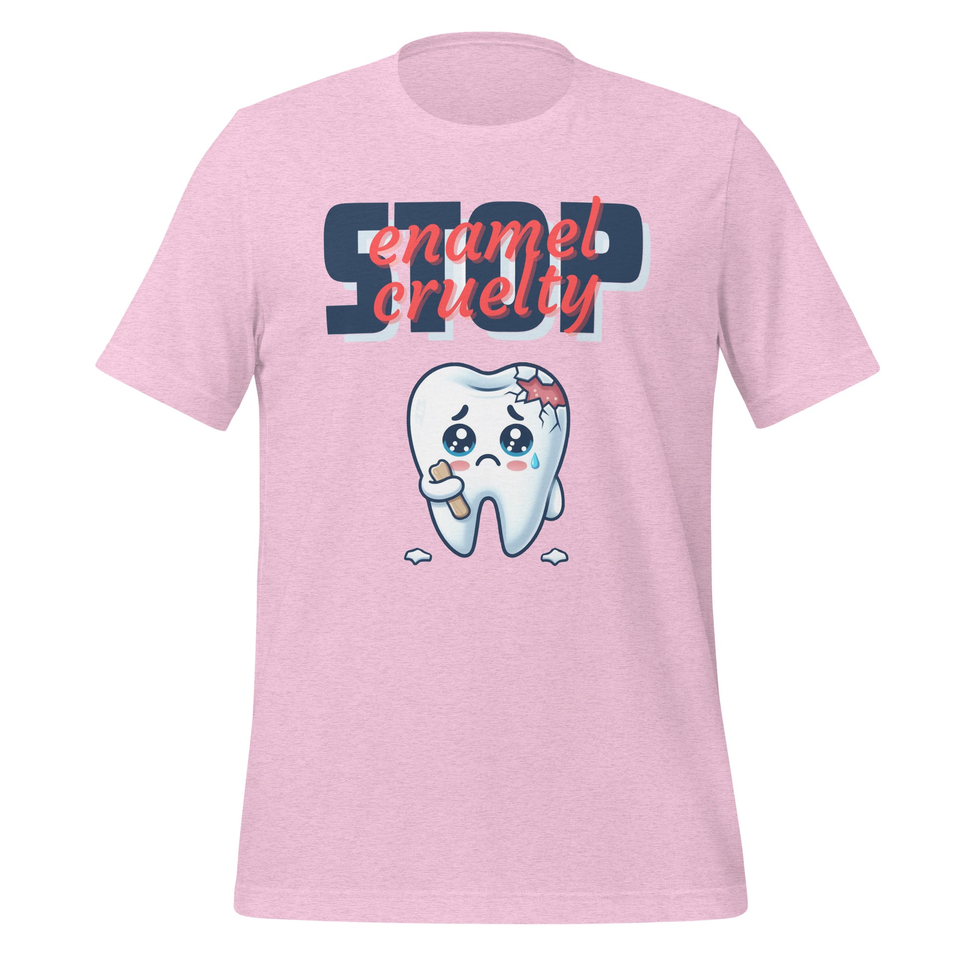 Adorable dental t-shirt with a sad crying cartoon tooth character with chipped enamel, ideal for dental hygienists or as a cute dental hygienist t-shirt gift. Heather prism lilac color.