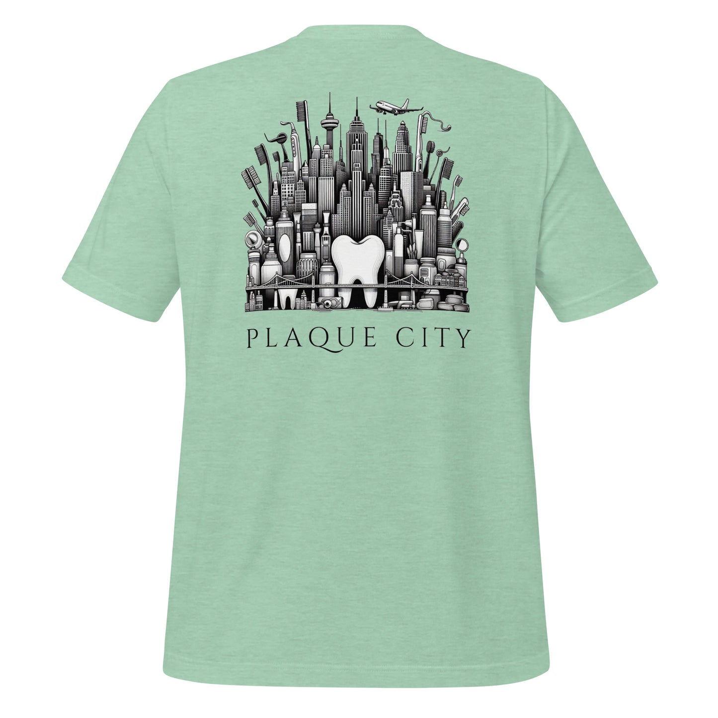 Cityscape illustration made of dental hygiene products, including toothpaste tubes, toothbrushes, and floss containers. Perfect for a dentist or dental hygienist gift, or a unique dental-themed t-shirt design. Heather prism mint color.