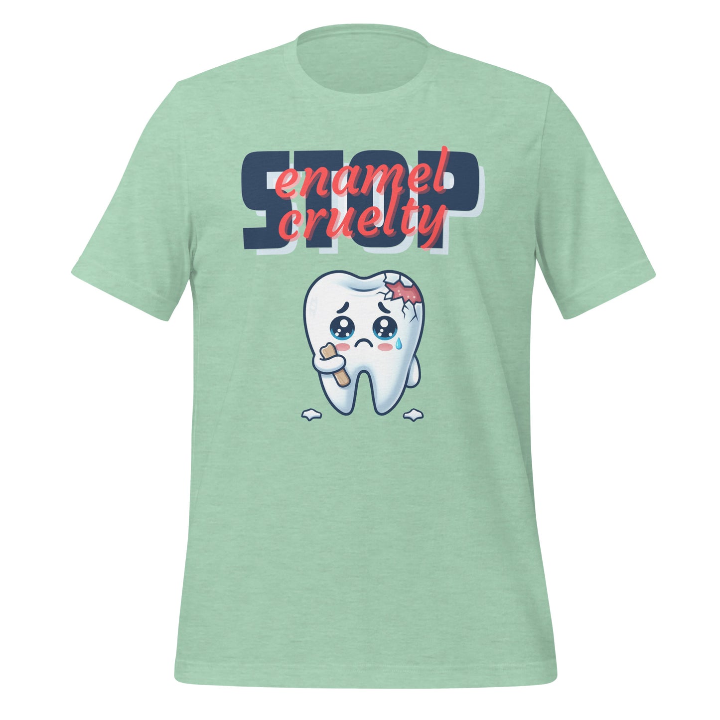 Adorable dental t-shirt with a sad crying cartoon tooth character with chipped enamel, ideal for dental hygienists or as a cute dental hygienist t-shirt gift. Heather prism mint color.