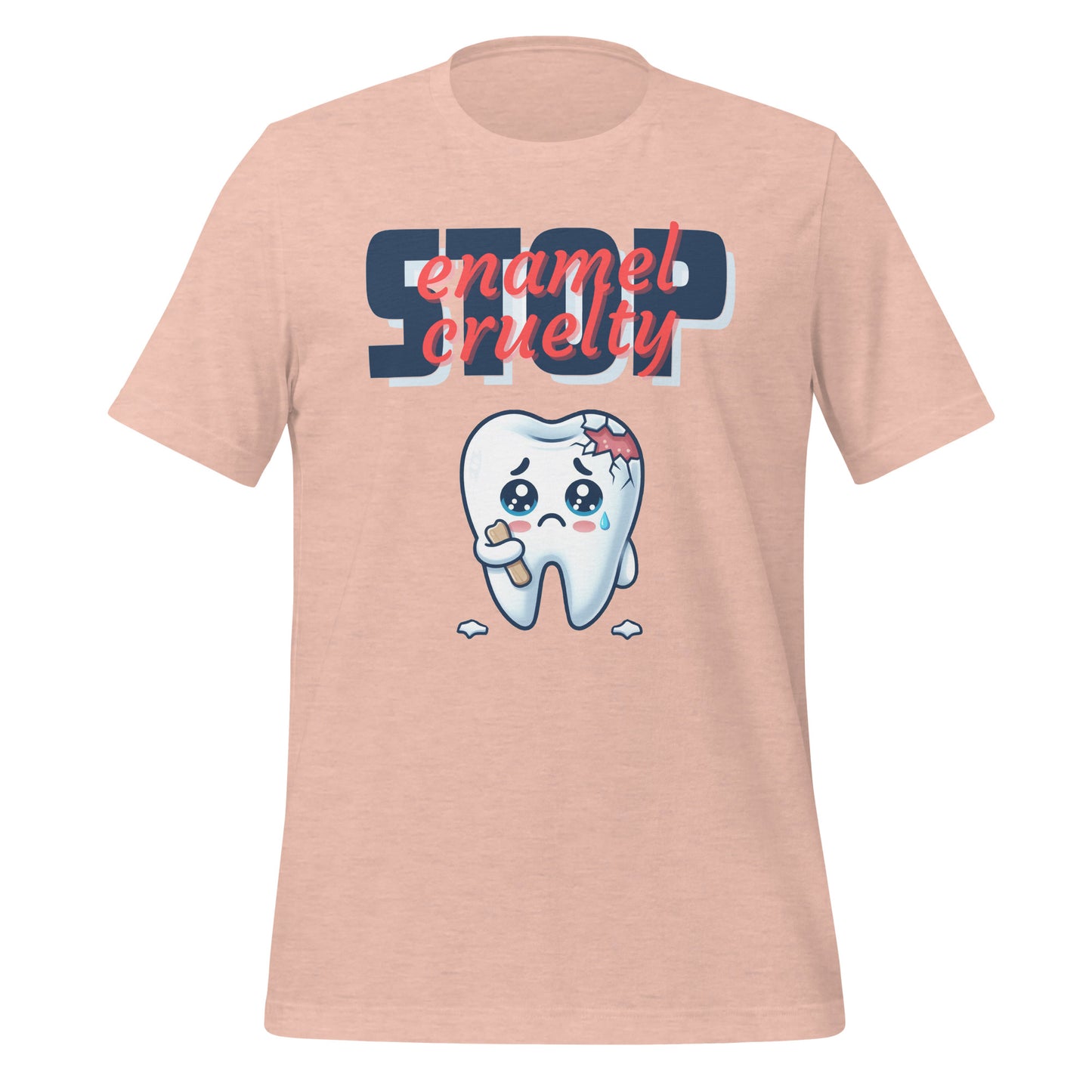 Adorable dental t-shirt with a sad crying cartoon tooth character with chipped enamel, ideal for dental hygienists or as a cute dental hygienist t-shirt gift. Heather prism peach color.