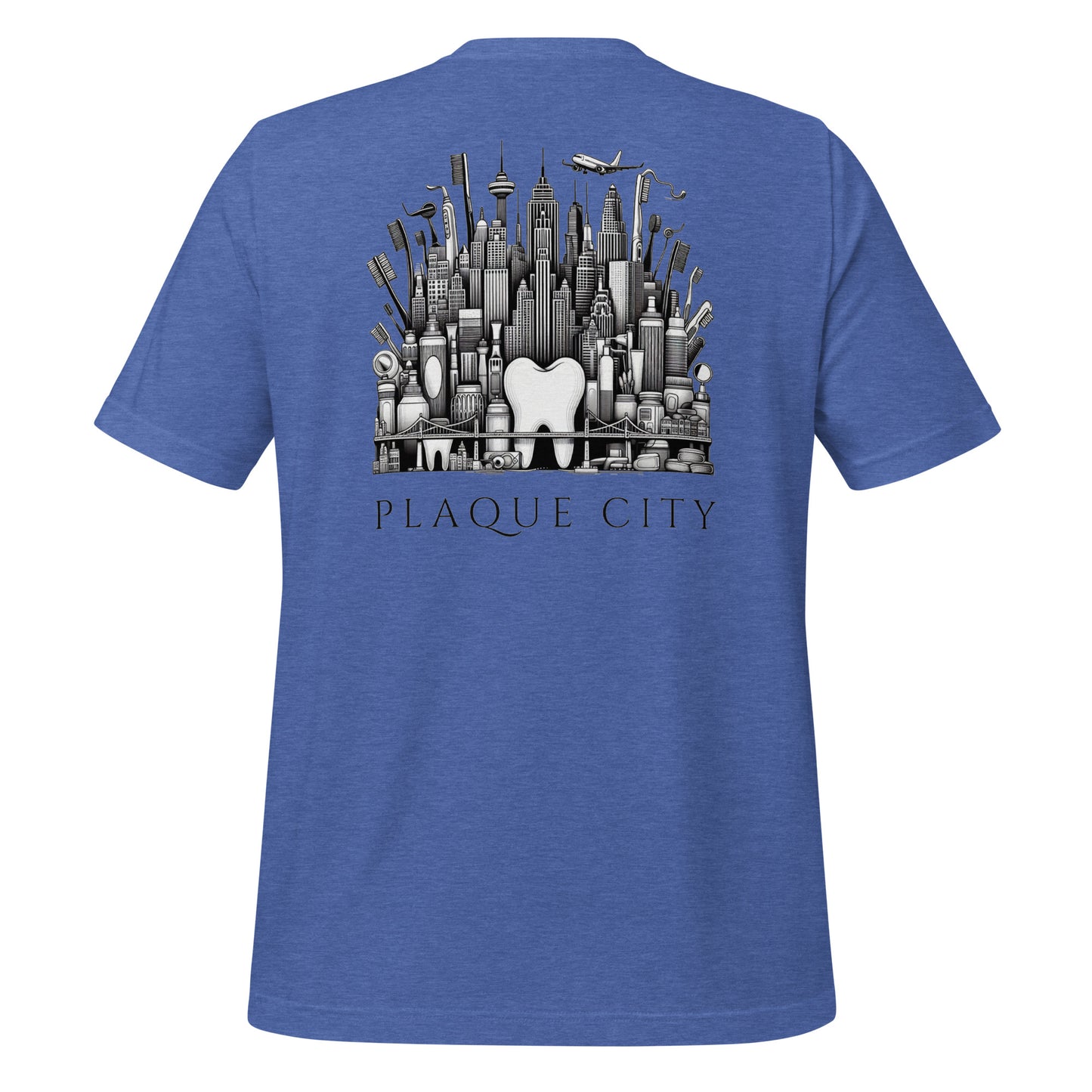 Cityscape illustration made of dental hygiene products, including toothpaste tubes, toothbrushes, and floss containers. Perfect for a dentist or dental hygienist gift, or a unique dental-themed t-shirt design. Heather true royal color.