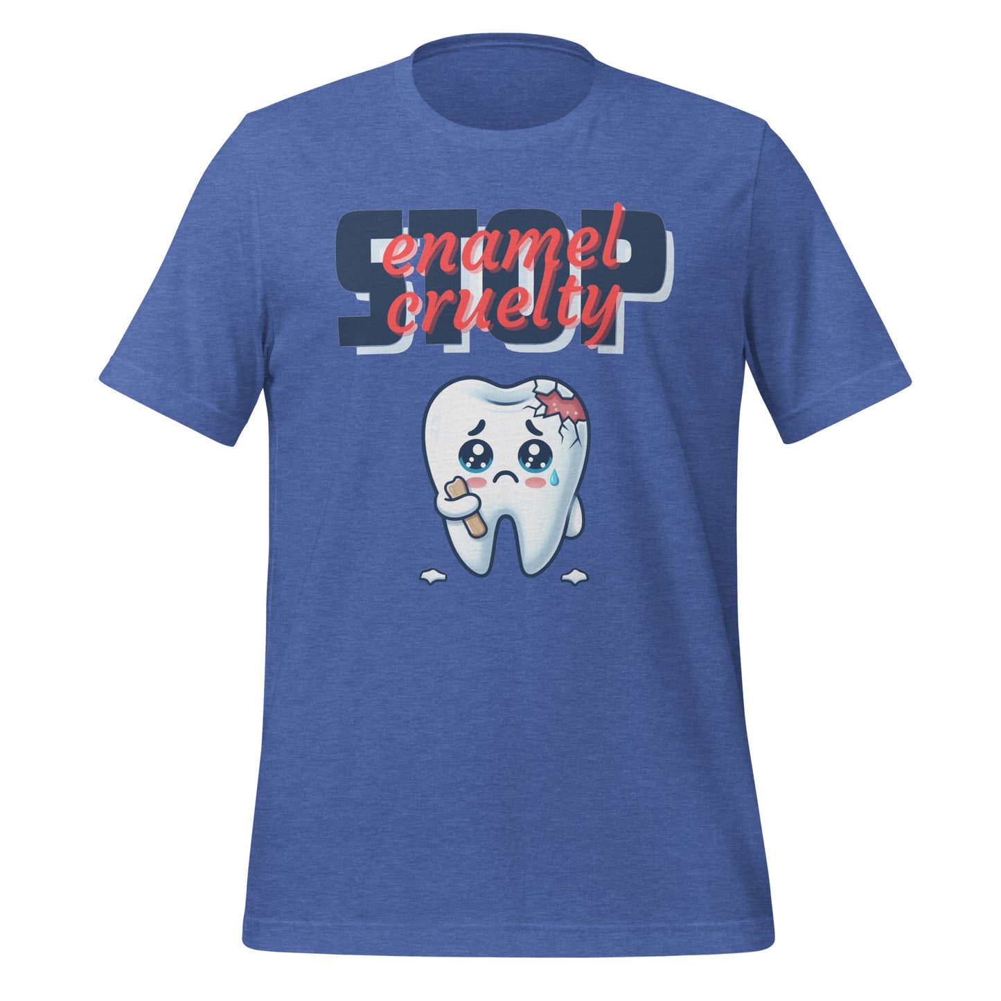 Adorable dental t-shirt with a sad crying cartoon tooth character with chipped enamel, ideal for dental hygienists or as a cute dental hygienist t-shirt gift. Heather true royal color.