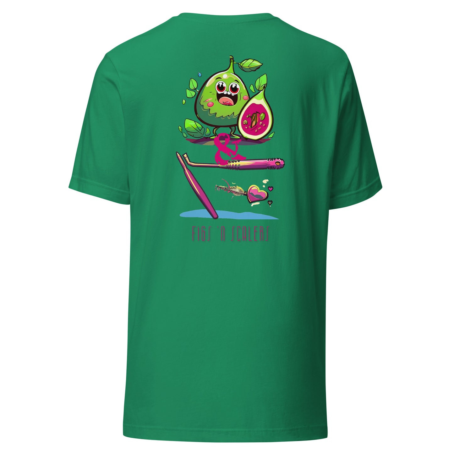 Adorable cartoon fig character with a dental scaler and a heart. Perfect for dental professionals who love Fig Scrubs, or for a cute and stylish dental t-shirt gift.Perfect dental swag for any dental professional. Kelly color.