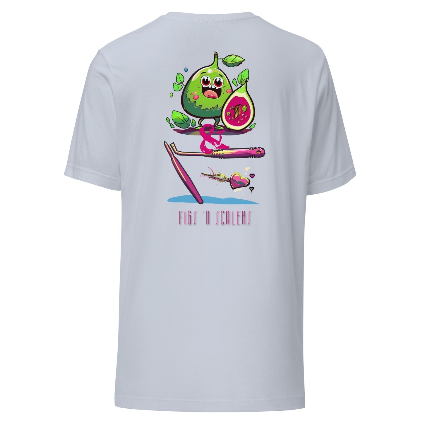 Adorable cartoon fig character with a dental scaler and a heart. Perfect for dental professionals who love Fig Scrubs, or for a cute and stylish dental t-shirt gift.Perfect dental swag for any dental professional. Light blue color.