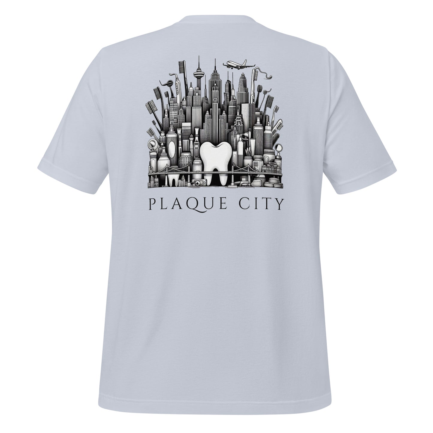 Cityscape illustration made of dental hygiene products, including toothpaste tubes, toothbrushes, and floss containers. Perfect for a dentist or dental hygienist gift, or a unique dental-themed t-shirt design. Light blue color.