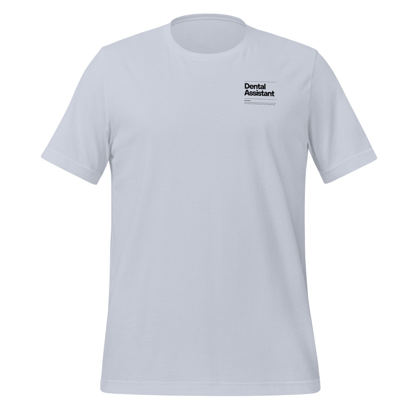 Light blue dental assistant shirt featuring a creative label design with icons and text, perfect for dental assistants who want to express their identity and passion for their job - dental shirts front view.
