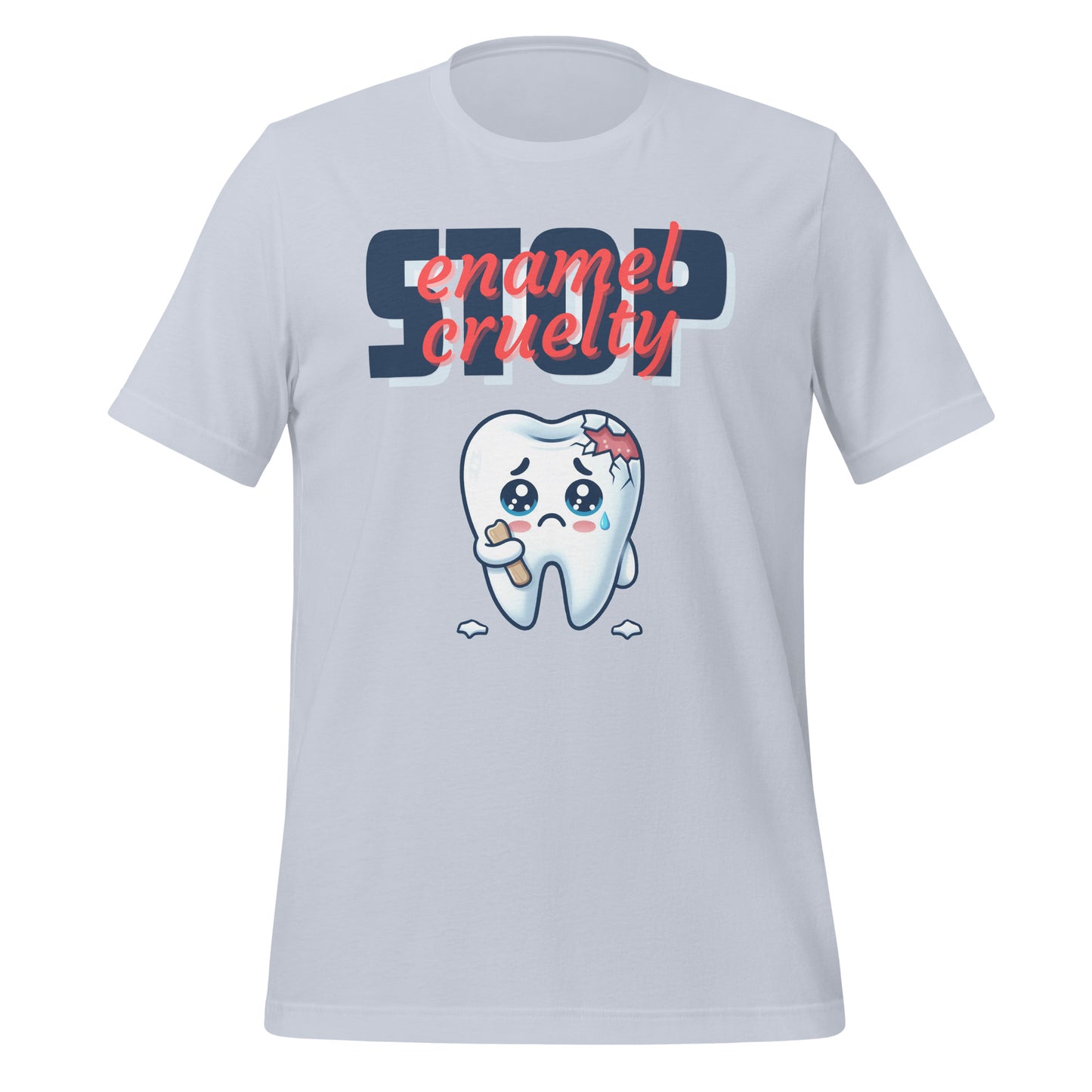Adorable dental t-shirt with a sad crying cartoon tooth character with chipped enamel, ideal for dental hygienists or as a cute dental hygienist t-shirt gift. Light blue color.