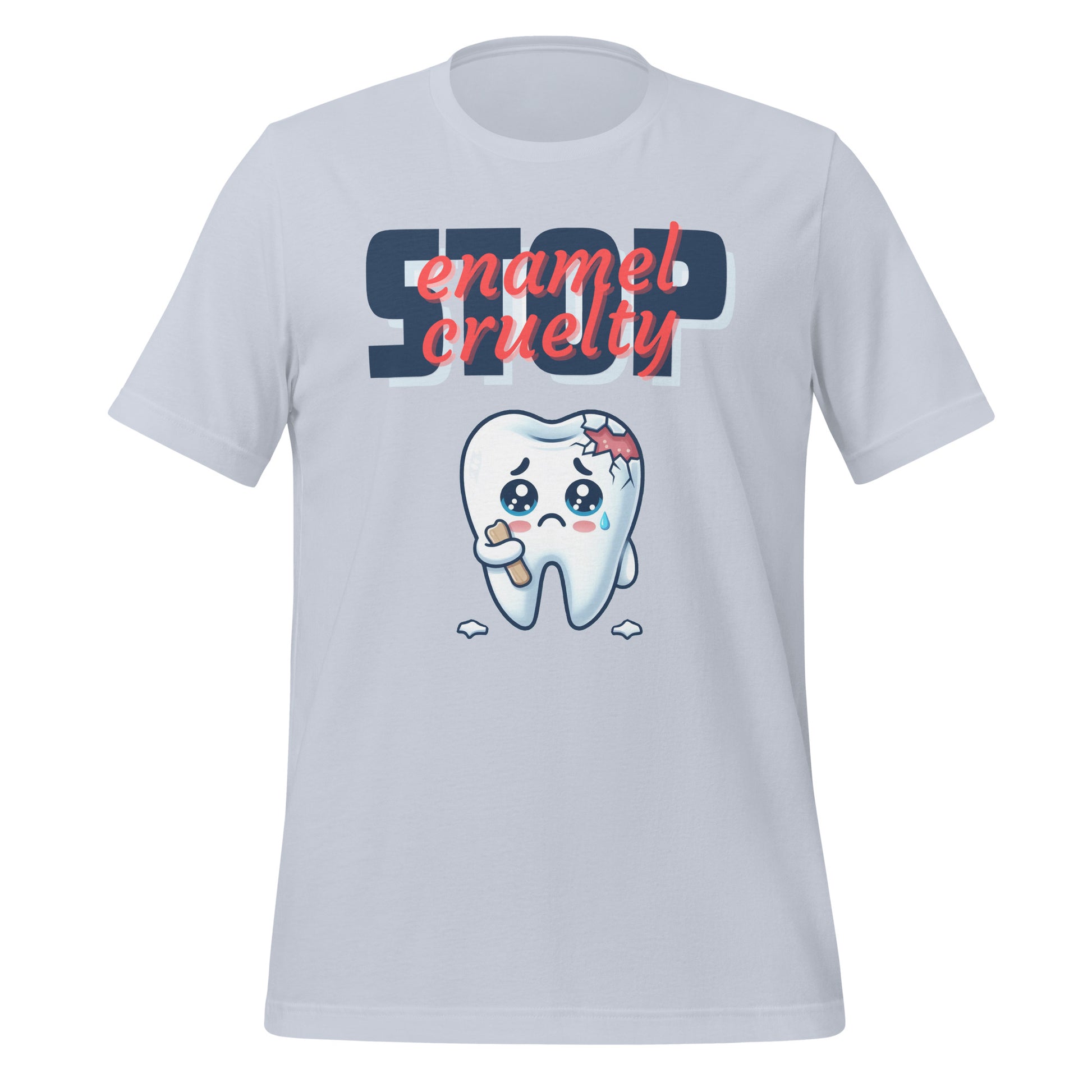 Adorable dental t-shirt with a sad crying cartoon tooth character with chipped enamel, ideal for dental hygienists or as a cute dental hygienist t-shirt gift. Light blue color.