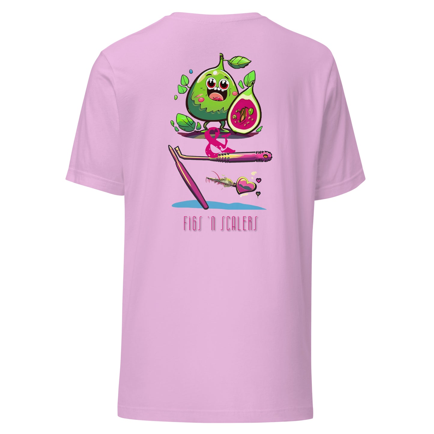 Adorable cartoon fig character with a dental scaler and a heart. Perfect for dental professionals who love Fig Scrubs, or for a cute and stylish dental t-shirt gift.Perfect dental swag for any dental professional. Lilac color.