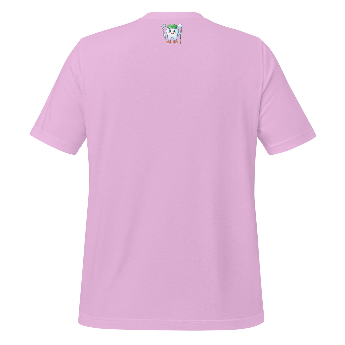Cute dentist t-shirt showcasing an adorable tooth character in golf attire, joyfully celebrating a ‘hole in one’ achievement, perfect for dentist and dental professionals seeking unique and thematic dental apparel. Lilac color, back view.