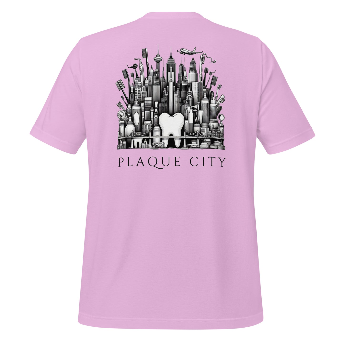 Cityscape illustration made of dental hygiene products, including toothpaste tubes, toothbrushes, and floss containers. Perfect for a dentist or dental hygienist gift, or a unique dental-themed t-shirt design. Lilac color.