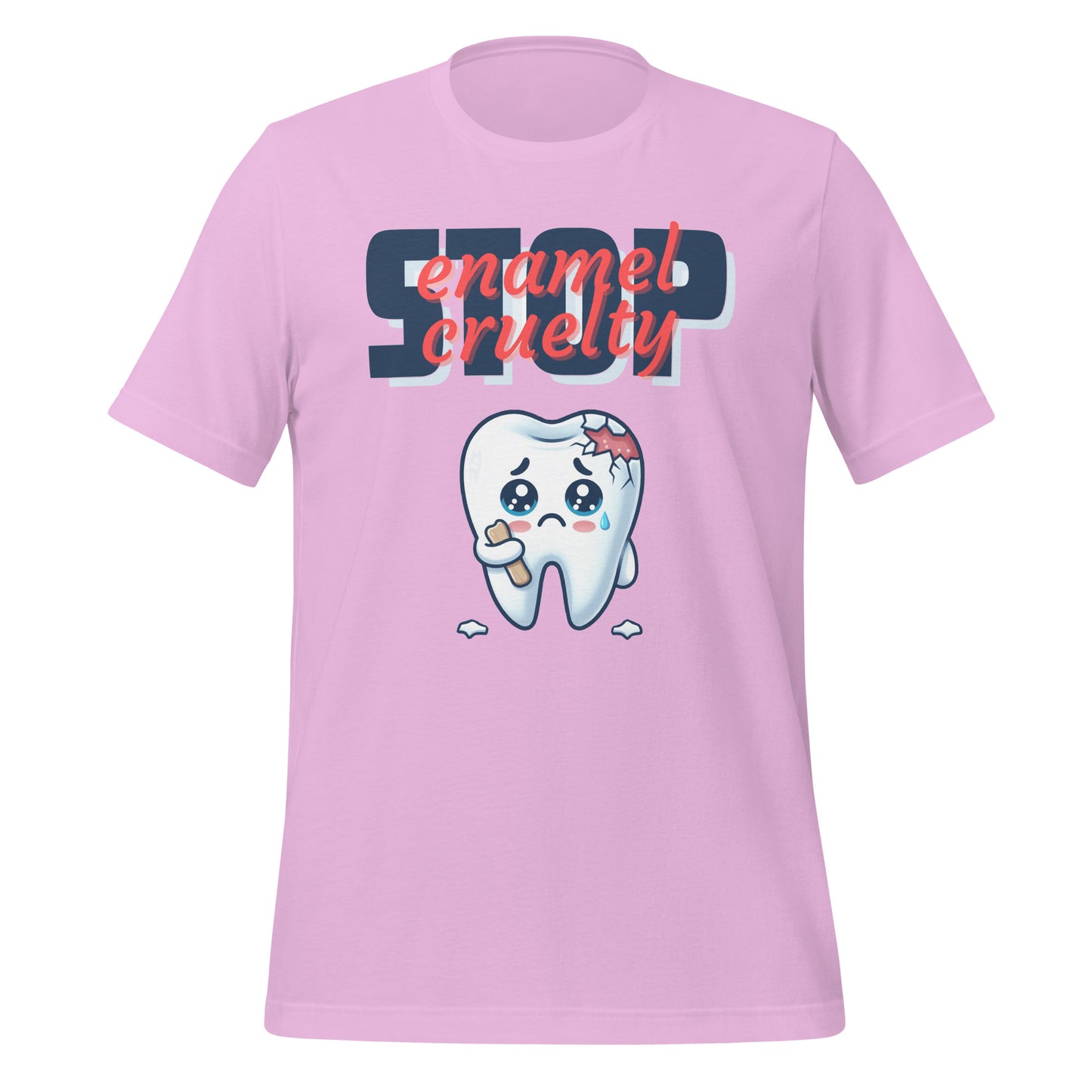 Adorable dental t-shirt with a sad crying cartoon tooth character with chipped enamel, ideal for dental hygienists or as a cute dental hygienist t-shirt gift. Lilac color.