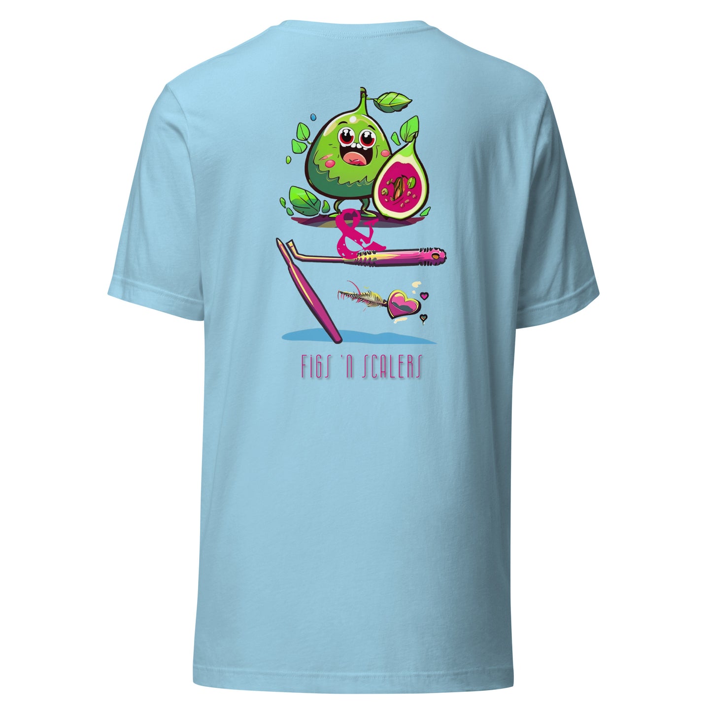 Adorable cartoon fig character with a dental scaler and a heart. Perfect for dental professionals who love Fig Scrubs, or for a cute and stylish dental t-shirt gift.Perfect dental swag for any dental professional. Ocean blue color.
