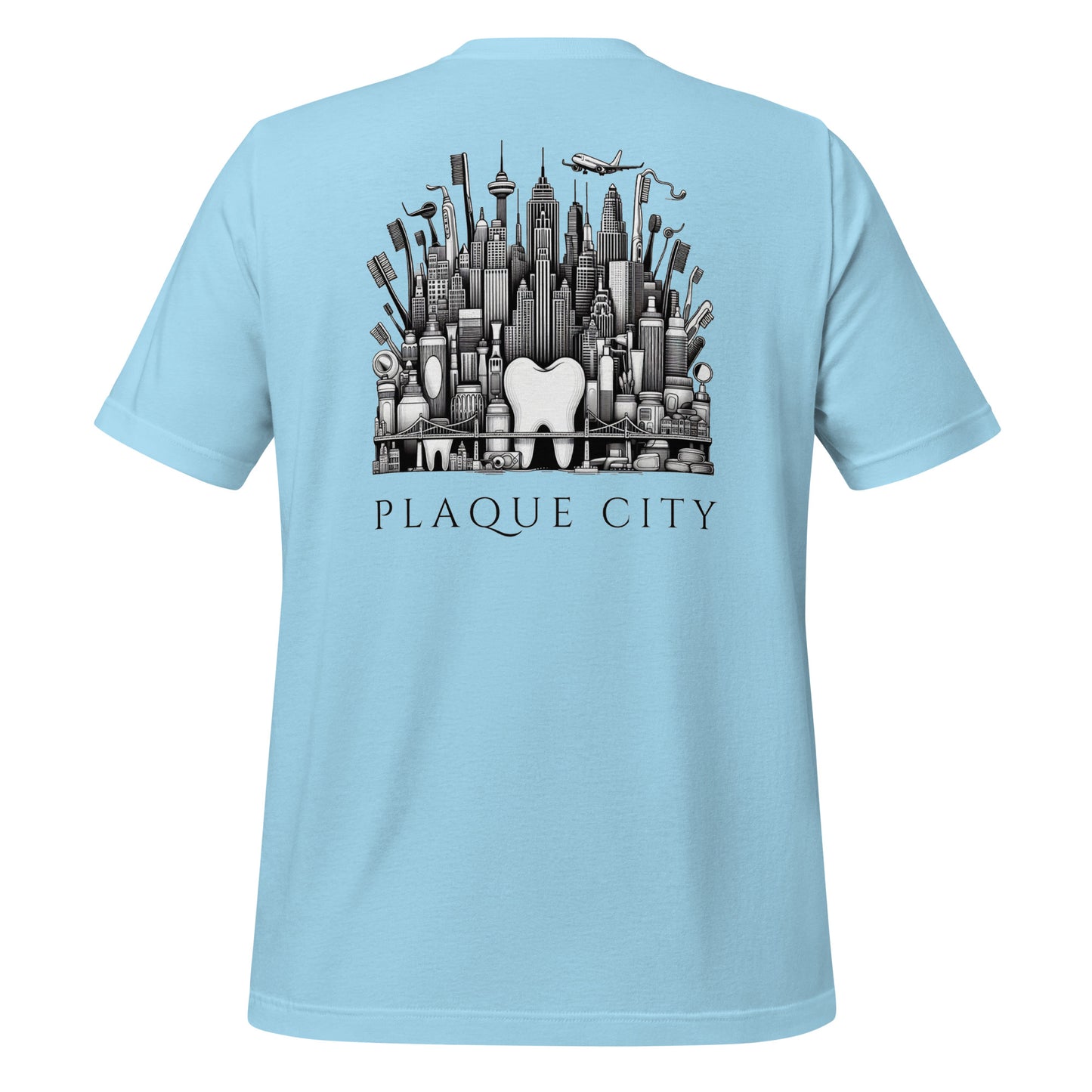 Cityscape illustration made of dental hygiene products, including toothpaste tubes, toothbrushes, and floss containers. Perfect for a dentist or dental hygienist gift, or a unique dental-themed t-shirt design. Ocean blue color.