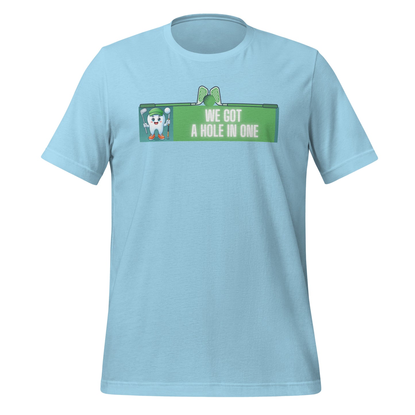 Cute dentist t-shirt showcasing an adorable tooth character in golf attire, joyfully celebrating a ‘hole in one’ achievement, perfect for dentist and dental professionals seeking unique and thematic dental apparel. Ocean blue color, front view.