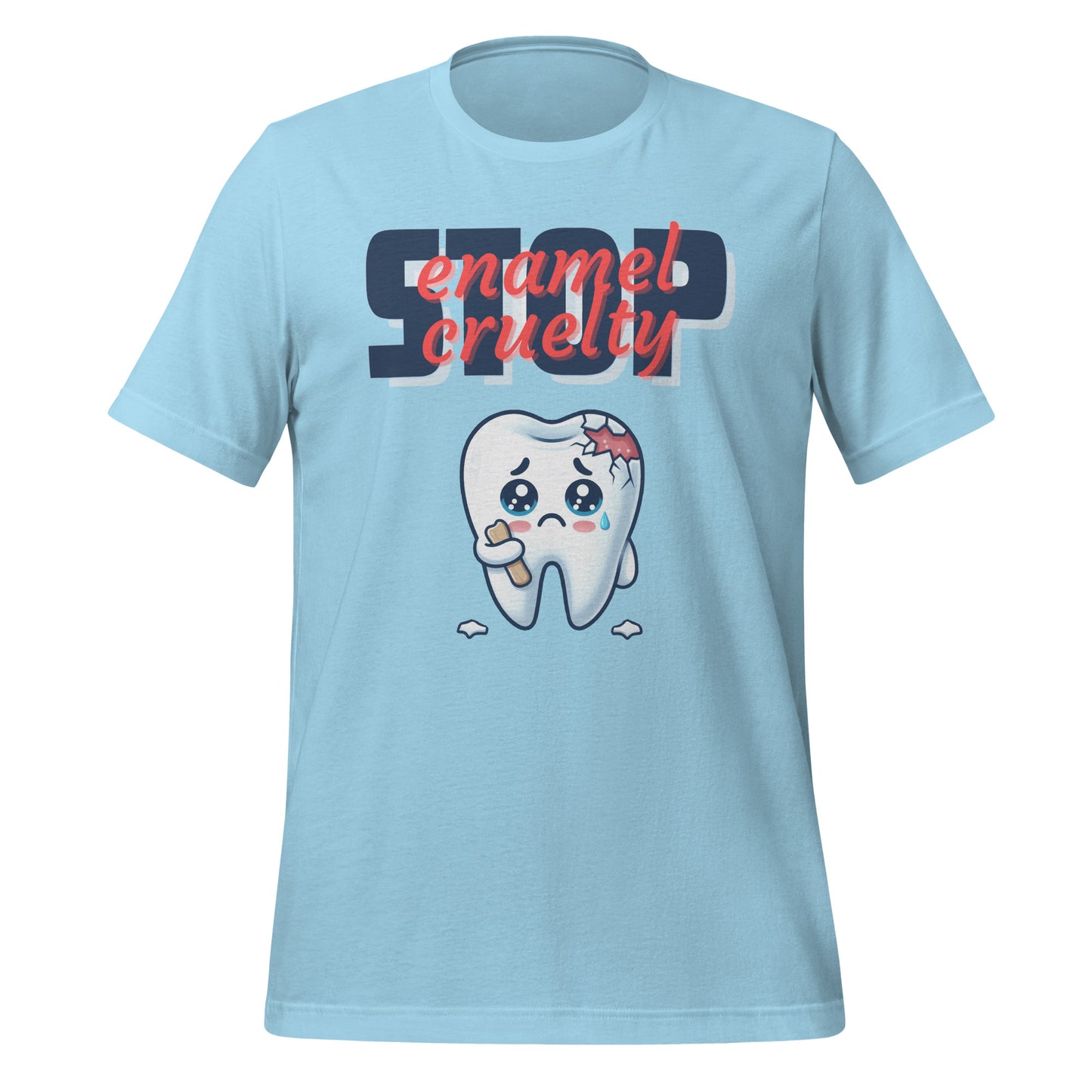 Adorable dental t-shirt with a sad crying cartoon tooth character with chipped enamel, ideal for dental hygienists or as a cute dental hygienist t-shirt gift. Ocean blue color.