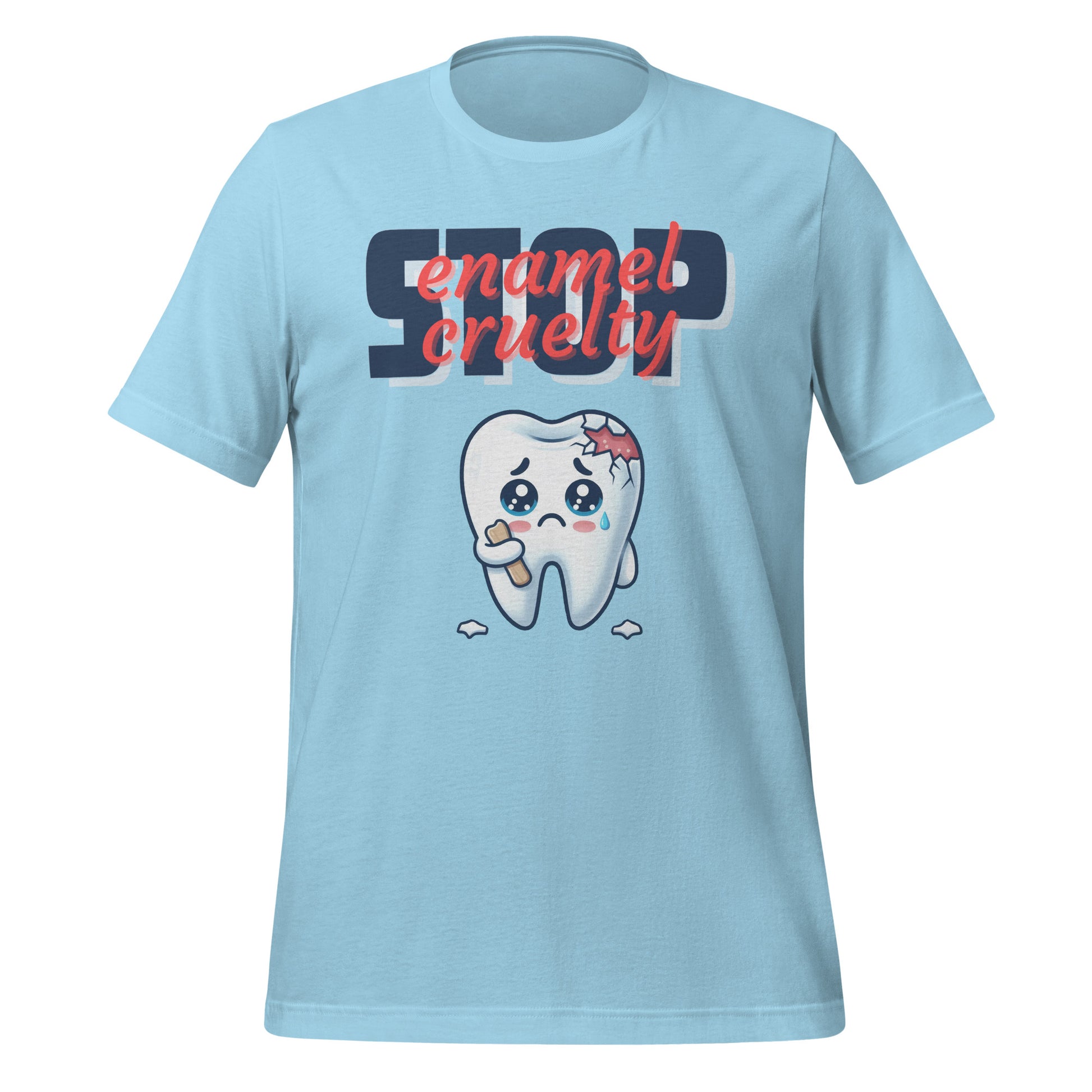 Adorable dental t-shirt with a sad crying cartoon tooth character with chipped enamel, ideal for dental hygienists or as a cute dental hygienist t-shirt gift. Ocean blue color.