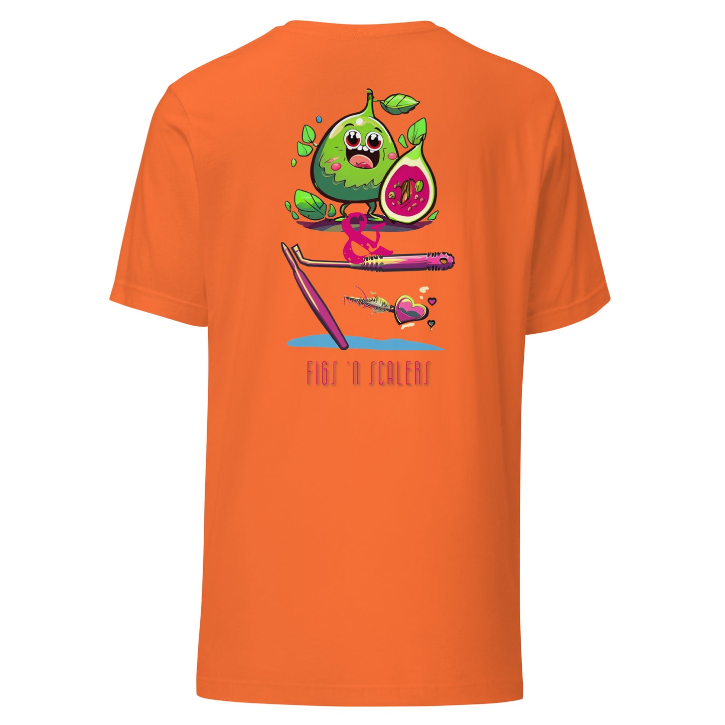 Adorable cartoon fig character with a dental scaler and a heart. Perfect for dental professionals who love Fig Scrubs, or for a cute and stylish dental t-shirt gift.Perfect dental swag for any dental professional. Orange color.