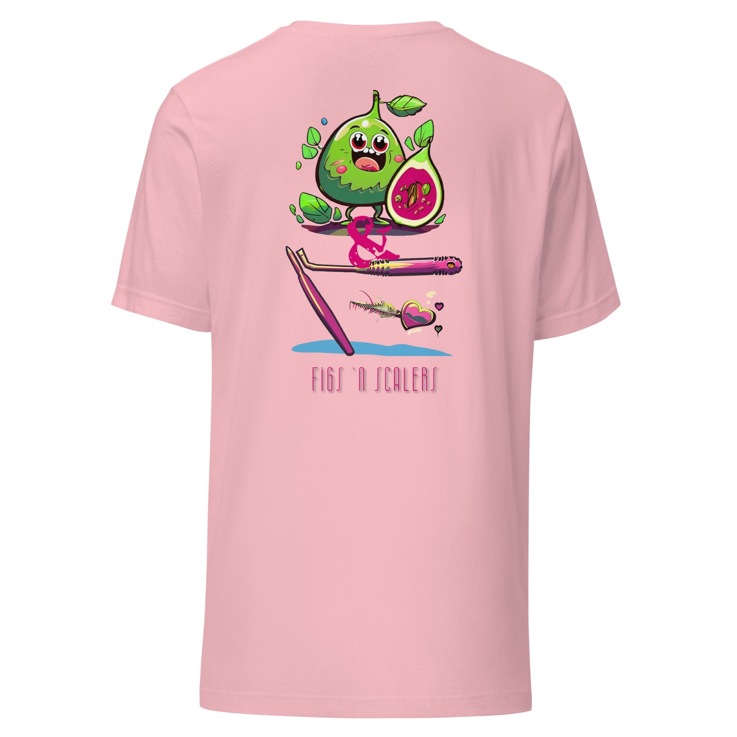 Adorable cartoon fig character with a dental scaler and a heart. Perfect for dental professionals who love Fig Scrubs, or for a cute and stylish dental t-shirt gift.Perfect dental swag for any dental professional. Pink color.