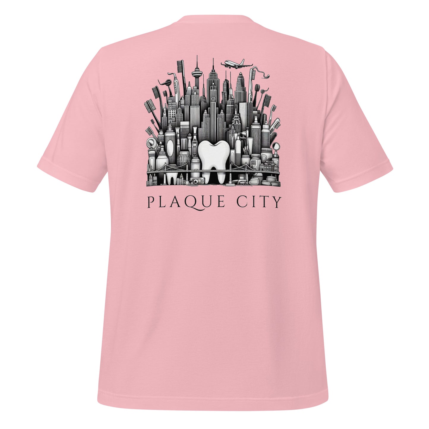 Cityscape illustration made of dental hygiene products, including toothpaste tubes, toothbrushes, and floss containers. Perfect for a dentist or dental hygienist gift, or a unique dental-themed t-shirt design. Pink color.
