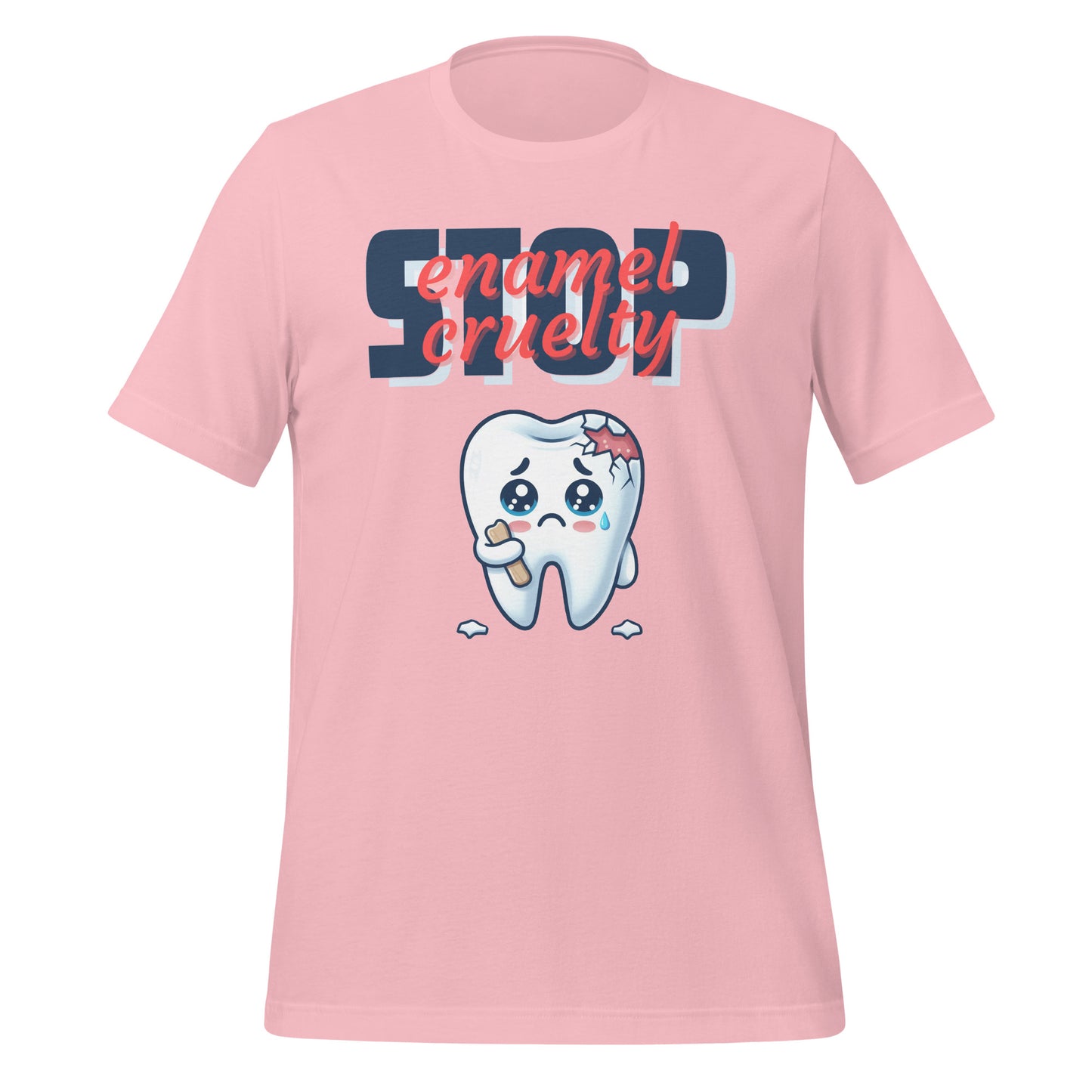 Adorable dental t-shirt with a sad crying cartoon tooth character with chipped enamel, ideal for dental hygienists or as a cute dental hygienist t-shirt gift. Pink color.